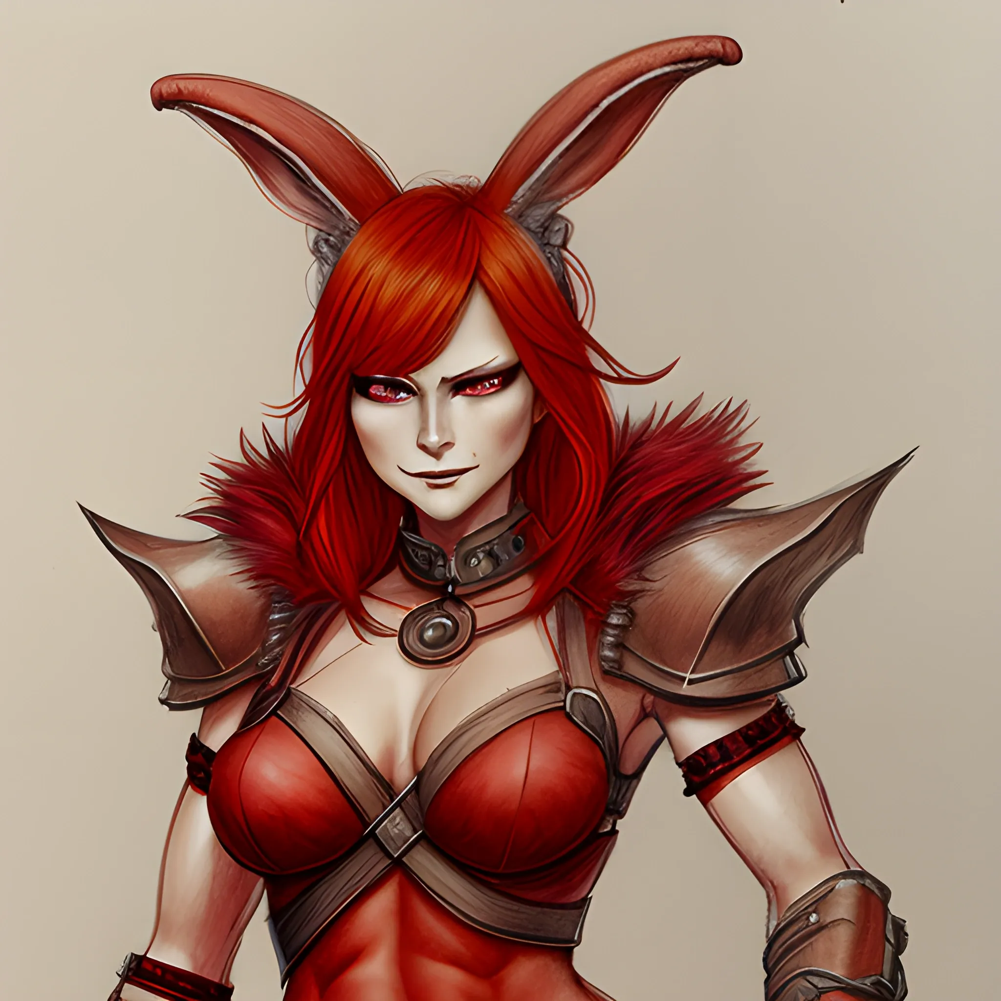 Woman warrior, red fur, bunny ears, jaw demon horns ,
 redhead, neutral smile, slim face, tanned skin 
, Pencil Sketch