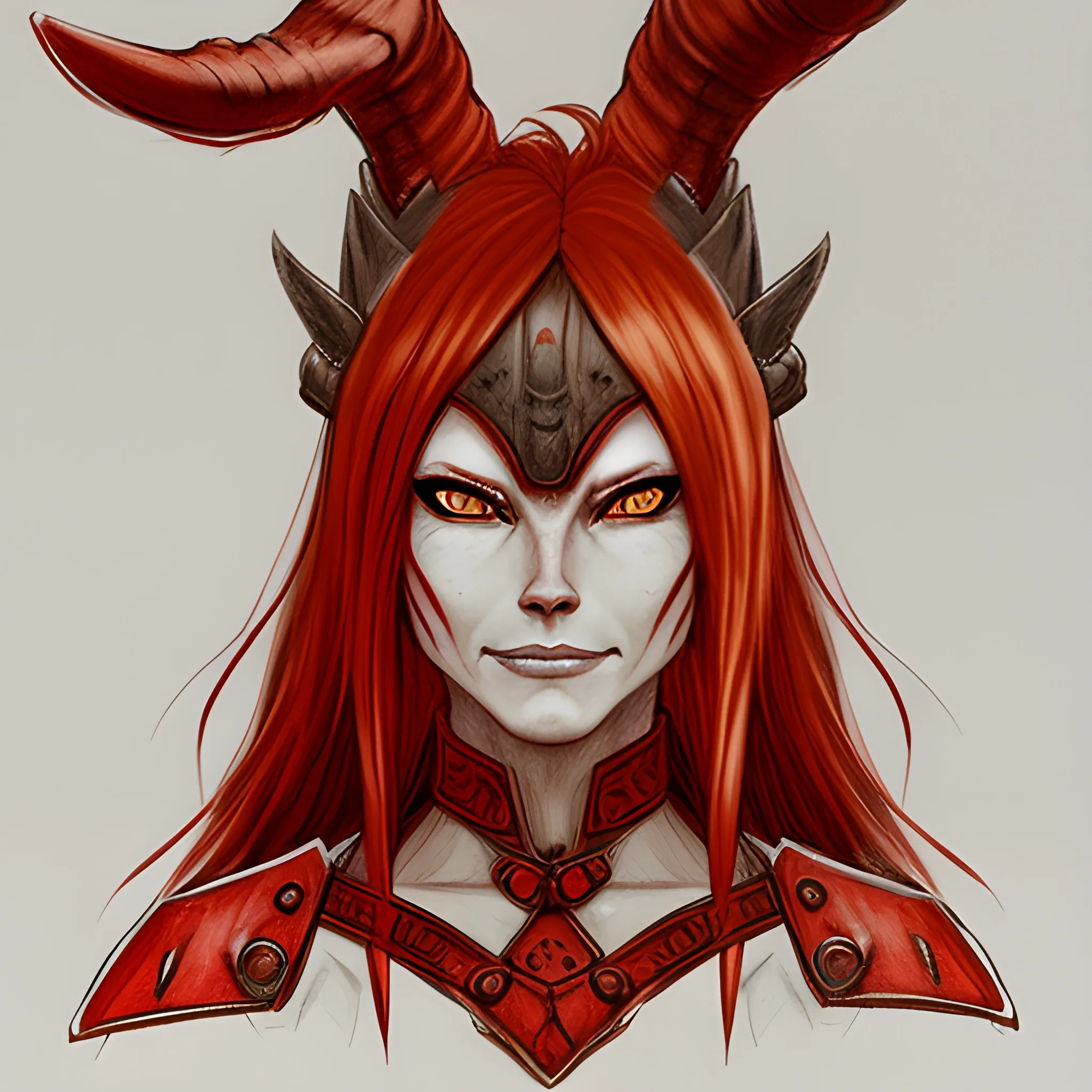 Woman warrior, red fur, bunny ears, jaw demon horns ,
 redhead, neutral smile, slim face, tanned skin 
, Pencil Sketch