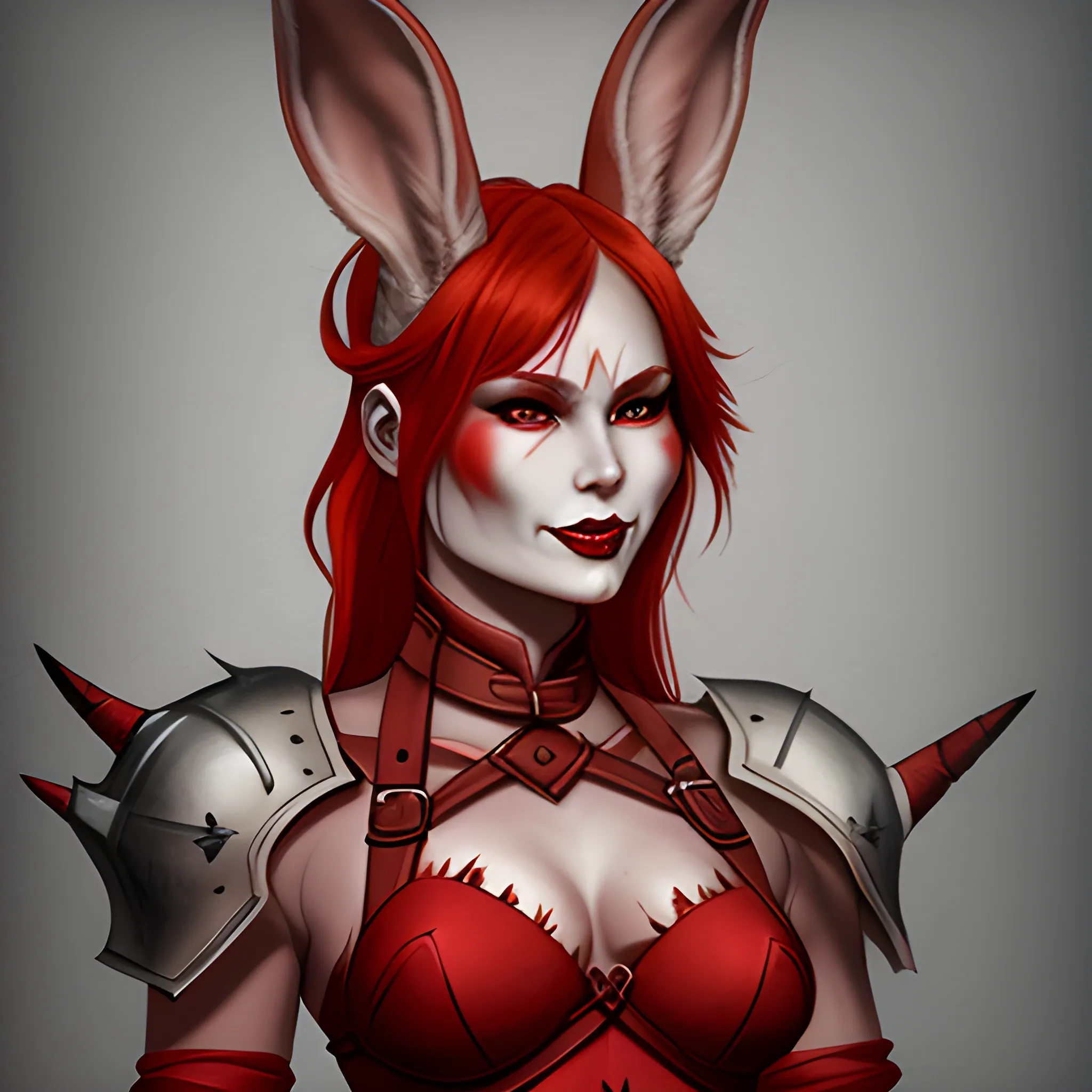 Woman warrior, red fur, bunny ears, jaw demon horns ,
 redhead, neutral smile, slim face, tanned skin 
, Pencil Sketch, red lips