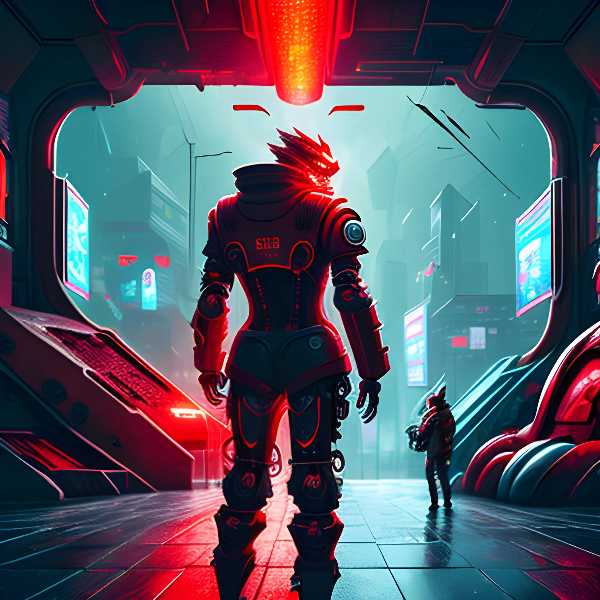 Robot dragon in space city, cyberpunk, red jacket in the rain, extremely high quality, Cartoon
