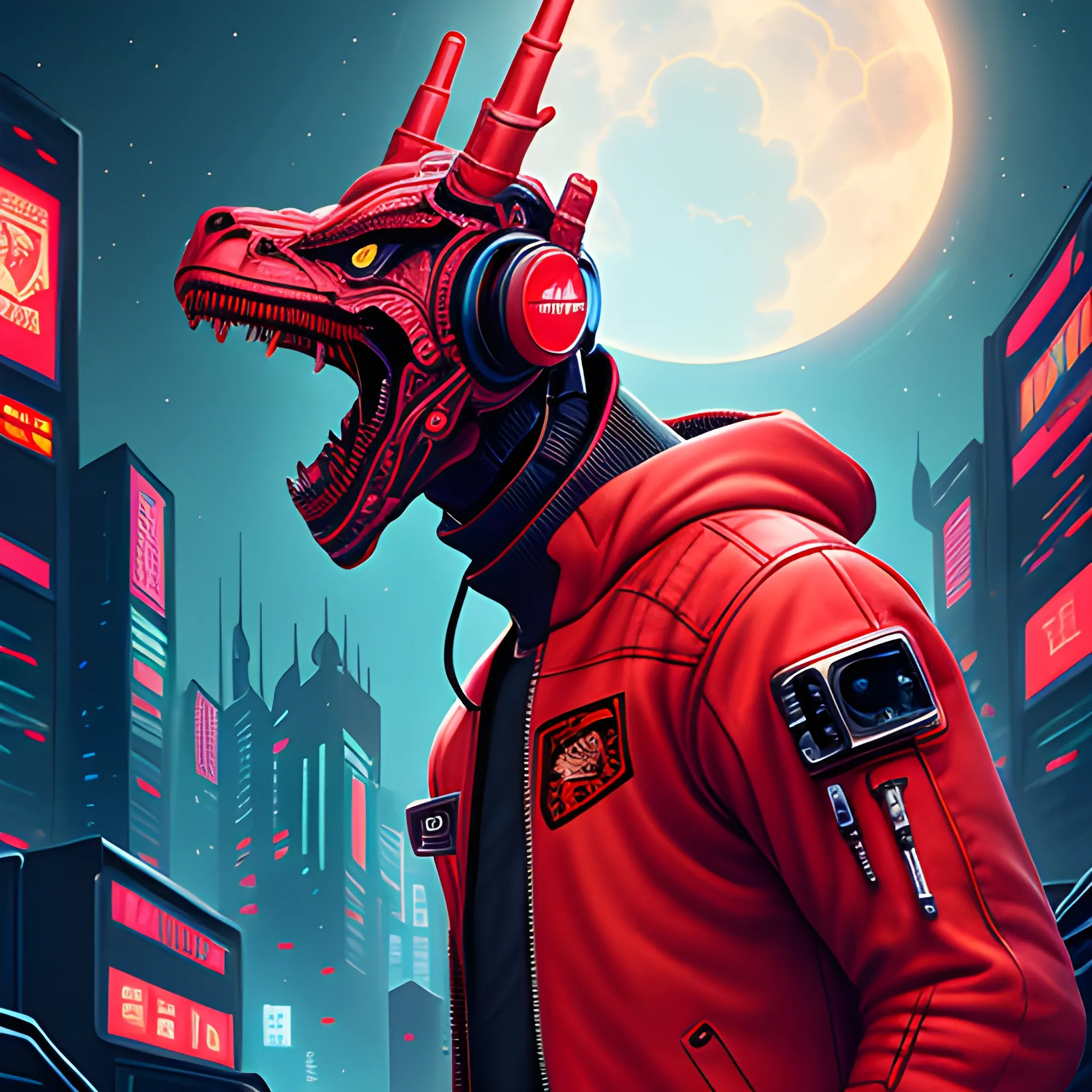 portrait Robot dragon in space city, cyberpunk, red jacket, headphones, extremely high quality, Cartoon
