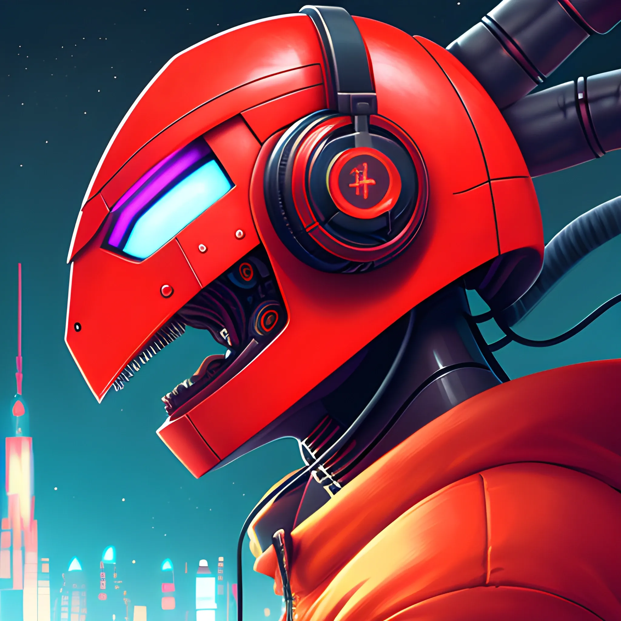 portrait Robot dragon in space city, cyberpunk, red jacket, headphones, streamer, extremely high quality, Cartoon
