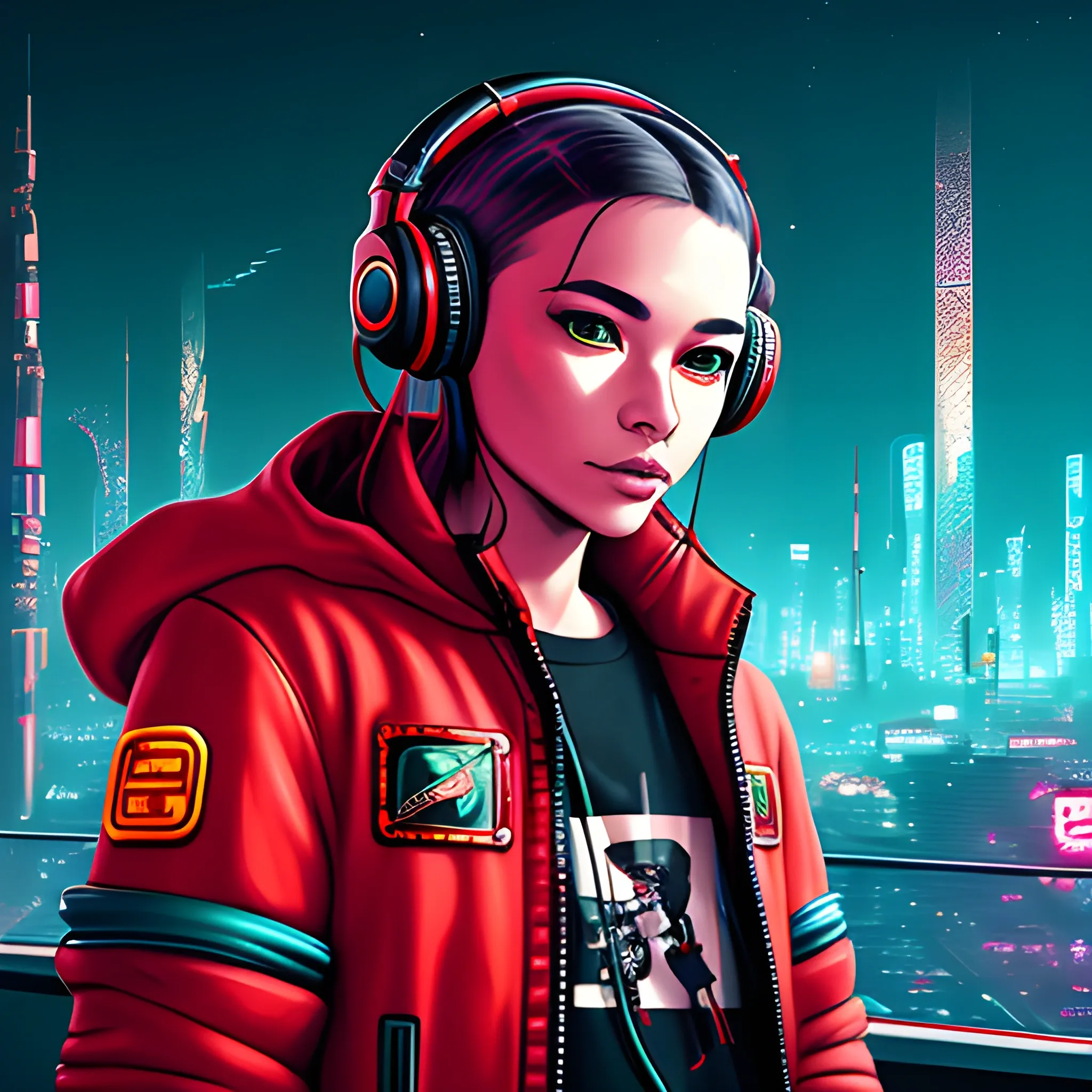 portrait dragon in space city, cyberpunk, red jacket, headphones, streamer, extremely high quality, Cartoon
