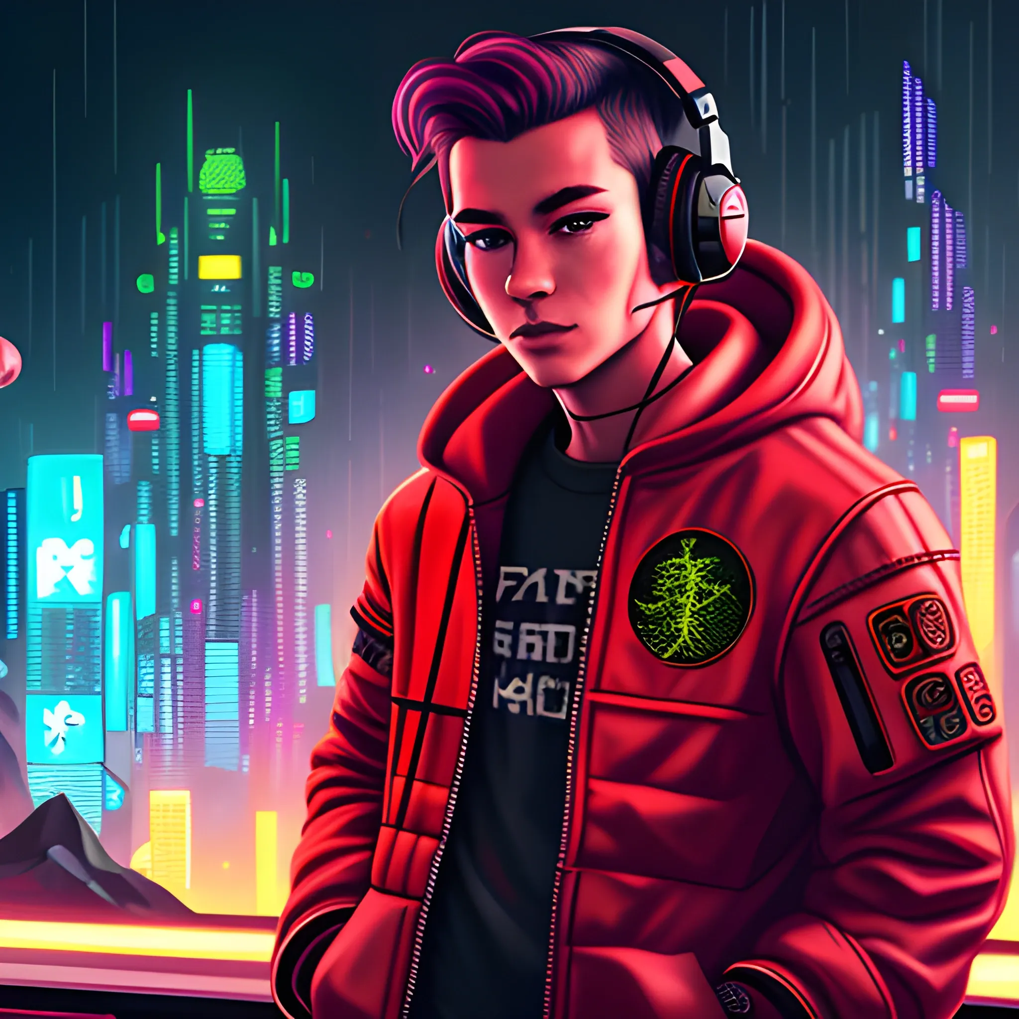 portrait dragon in space city, cyberpunk, red jacket, headphones, streamer, extremely high quality, Cartoon
