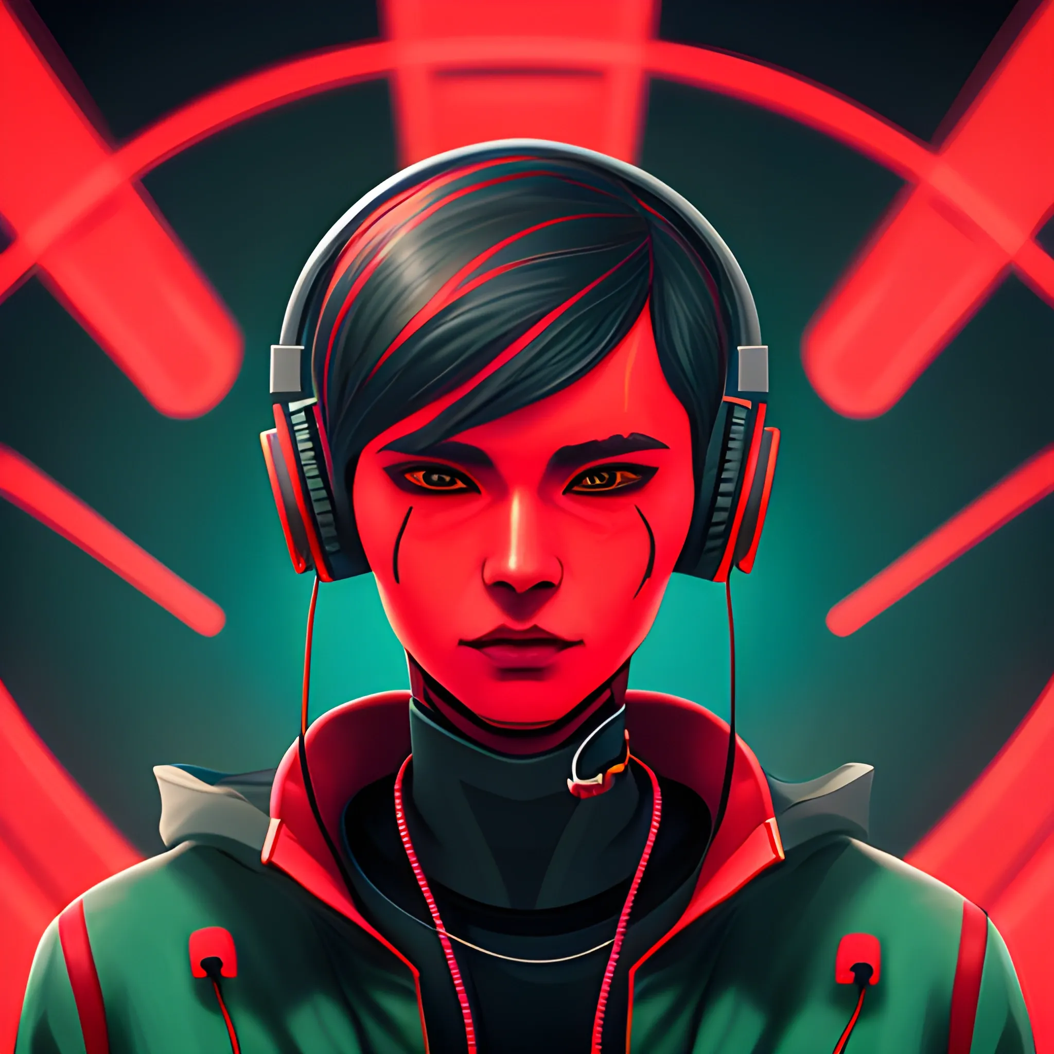 Portrait of dragon streamer with headphones, cyberpunk, red jacket, headphones, streamer, extremely high quality, Cartoon
