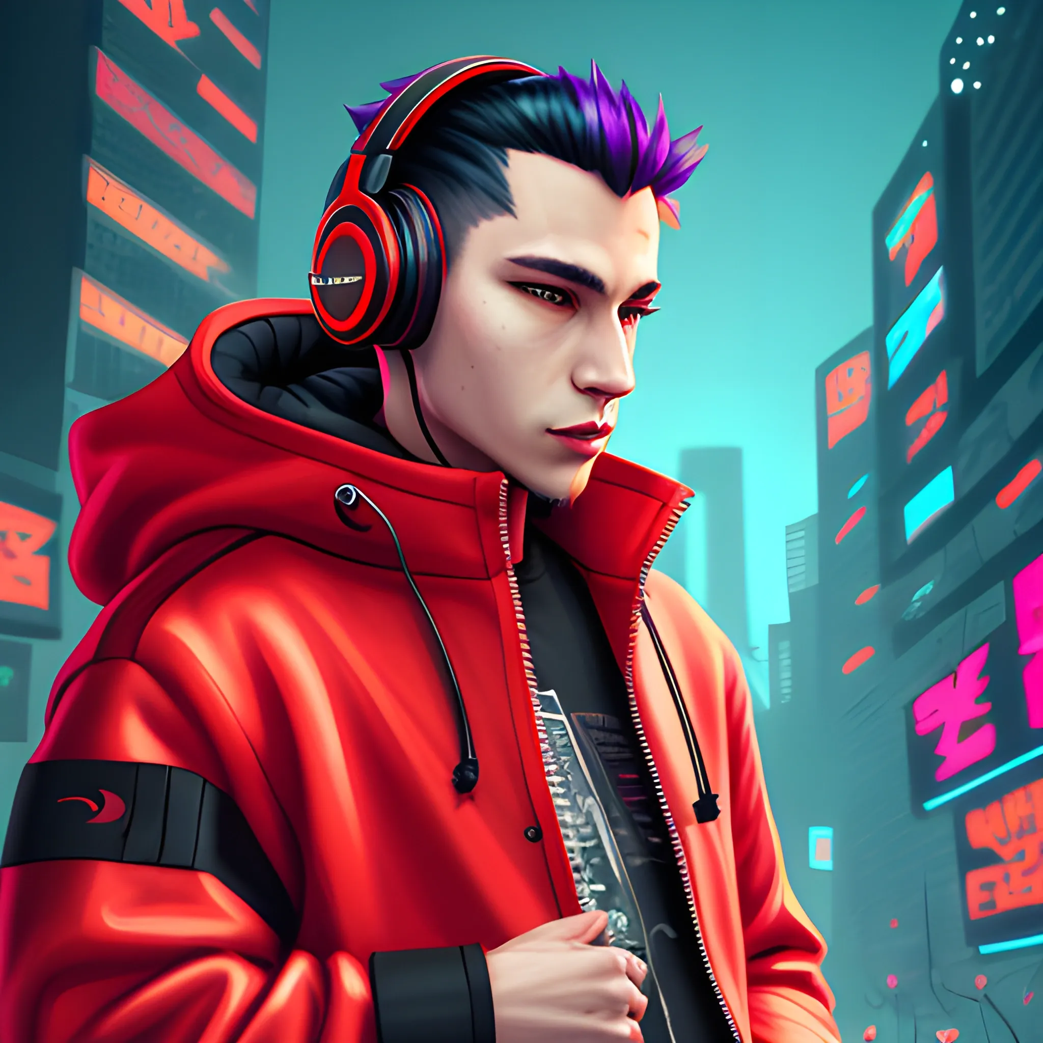 Portrait of dragon, streamer with headphones, cyberpunk, red jacket, extremely high quality, Cartoon
