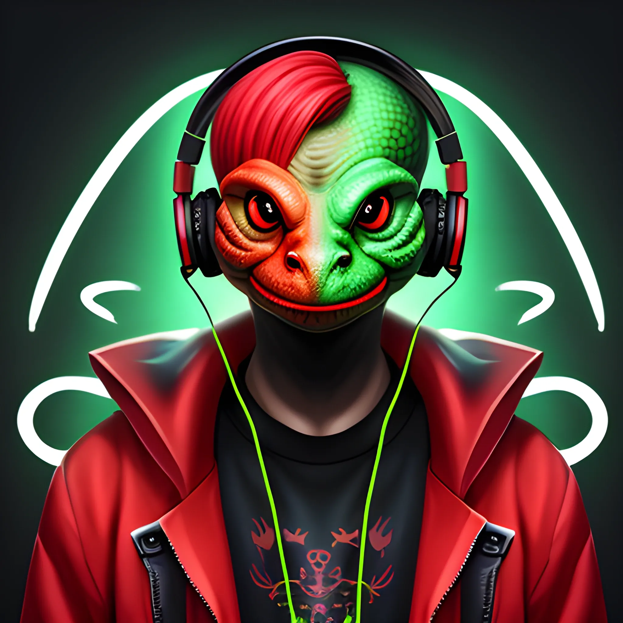 dragon amphibian face portrait, streamer with headphones, cyberpunk, red jacket, extremely high quality, Cartoon
