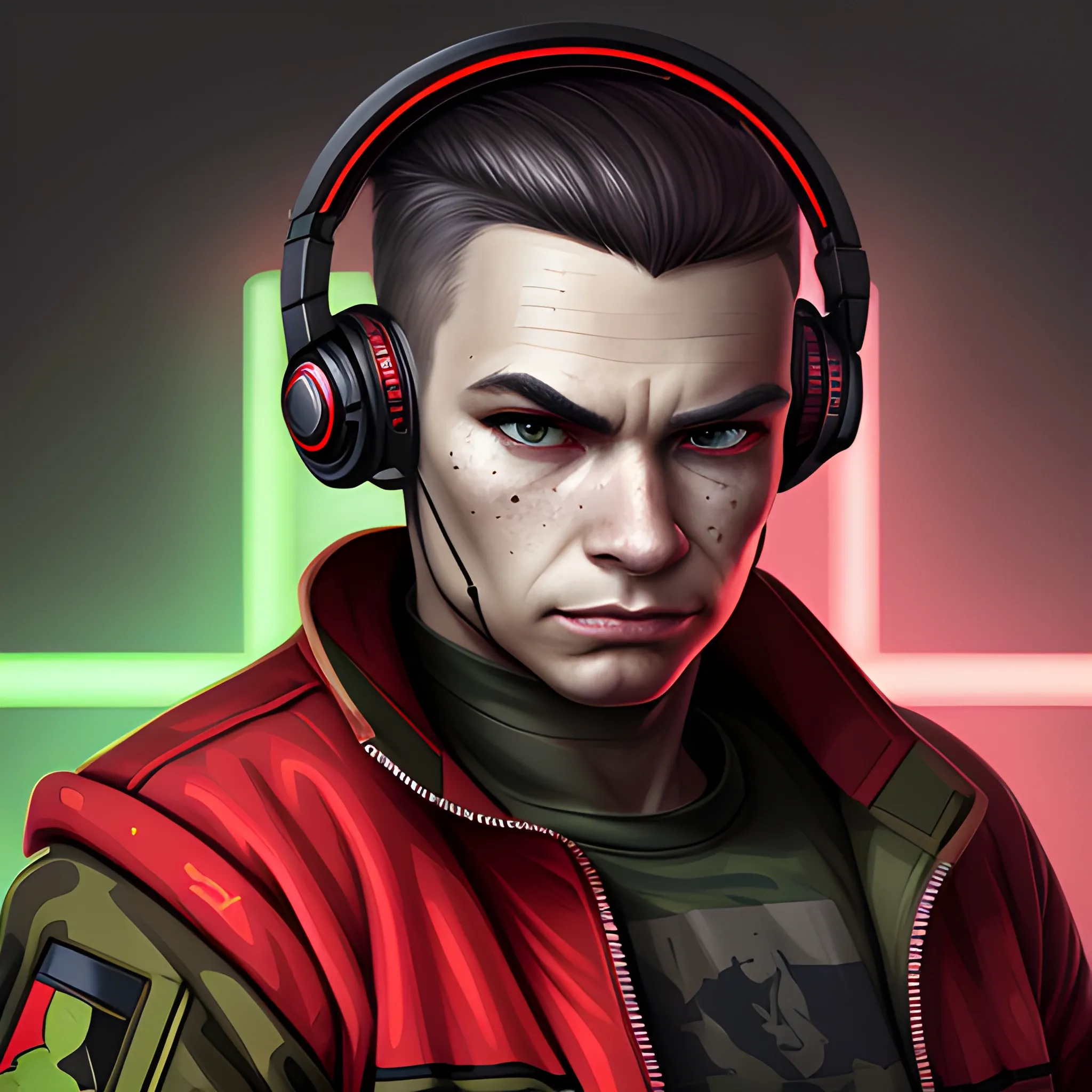 soldier, armed, dragon amphibian face portrait, streamer with headphones, cyberpunk, red jacket, extremely high quality, Cartoon
