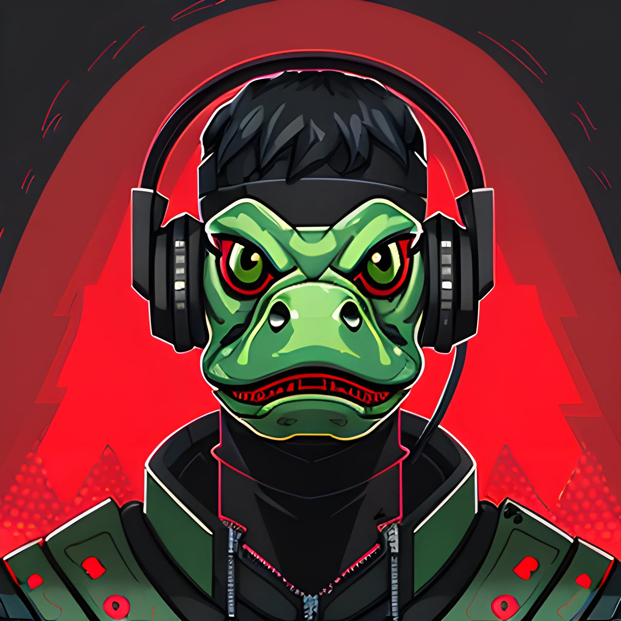 armored soldier, dragon amphibian face portrait, streamer with headphones, cyberpunk, red jacket, extremely high quality, Cartoon
, Trippy