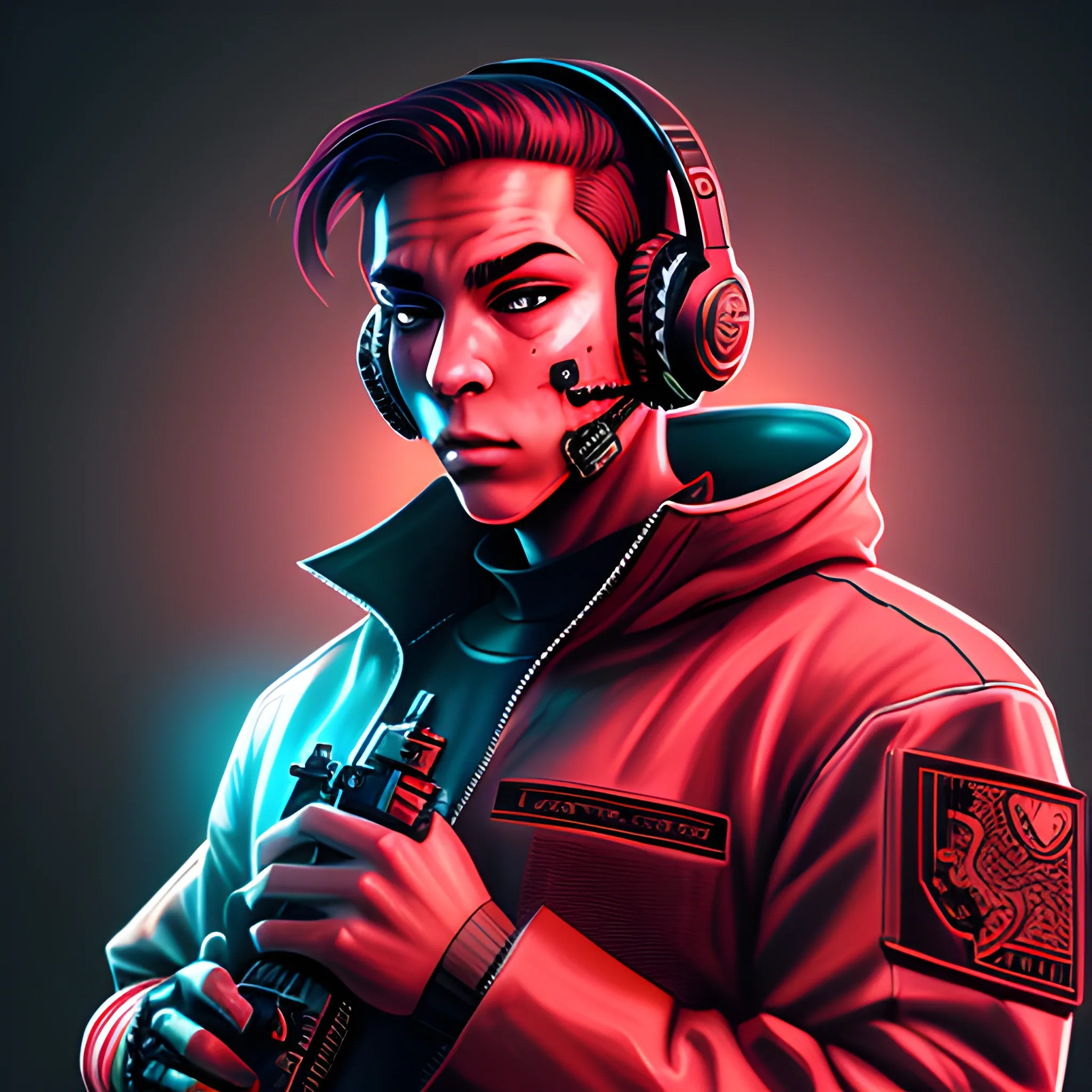 armored soldier, dragon amphibian face portrait, streamer with headphones, cyberpunk, showing a gun, red jacket, extremely high quality, Cartoon
, Trippy