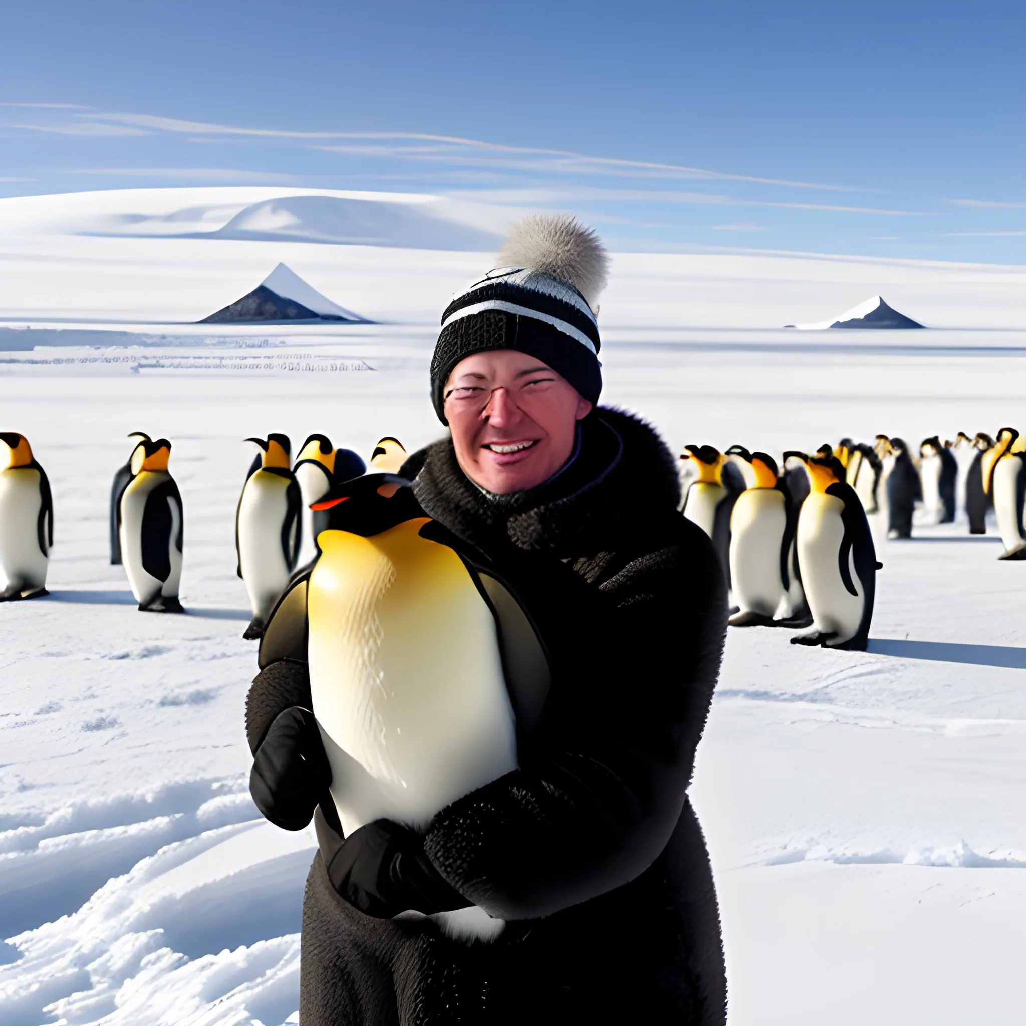 A girl hugs an emperor penguin,they surrounded by other emperor penguins.She smiles innocently.a cold and snowy scene, clean sky.Antarctica.Documentary Photography.