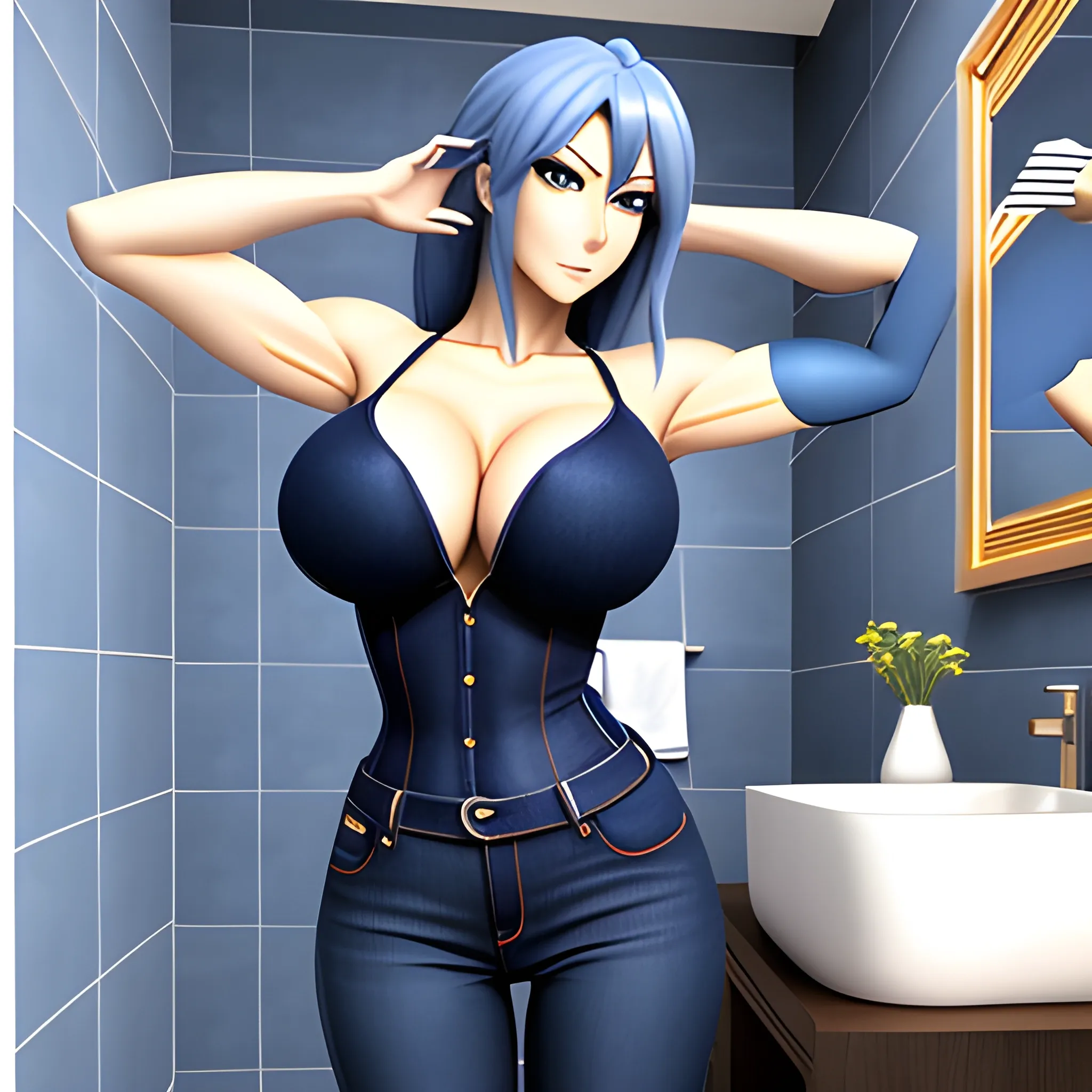 Anime ,blonde girl, front view, tight dark blue jeans, bathroom,... -  Arthub.ai