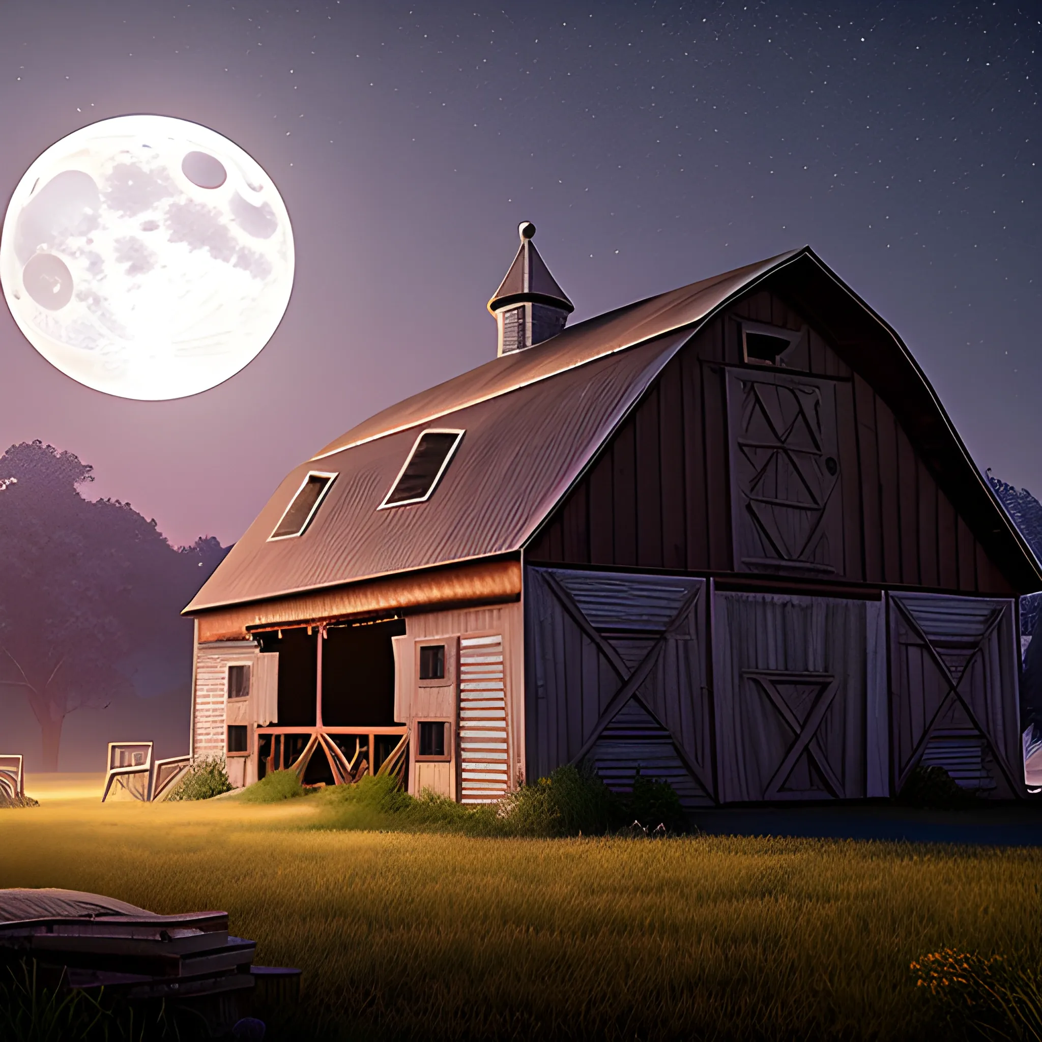 moonlit abandoned barn at the edge of a small town. Show a young woman named Maya, practicing dance moves with dedication under the soft glow of moonlight. Convey a sense of secrecy and determination, animated, illustration, cartoon, 8k, hdr, cinema 4d--ar--16:9