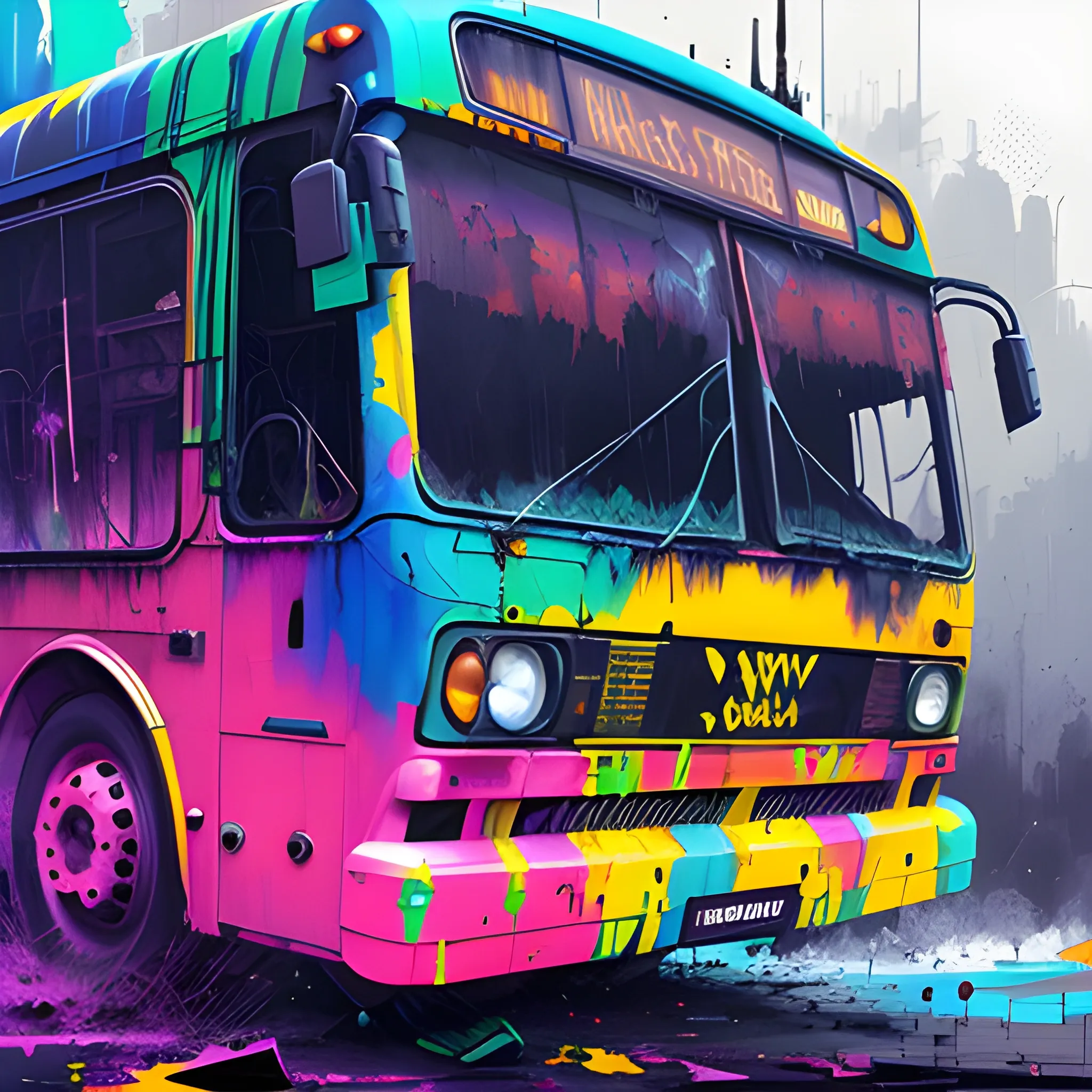 bus, going through post apocaliptic landscape, chaotic messy background, sinister by Greg Rutkowski graffiti art, splash art, street art, spray paint, oil gouache melting, acrylic, high contrast, colorful polychromatic, ultra detailed, ultra quality, CGSociety