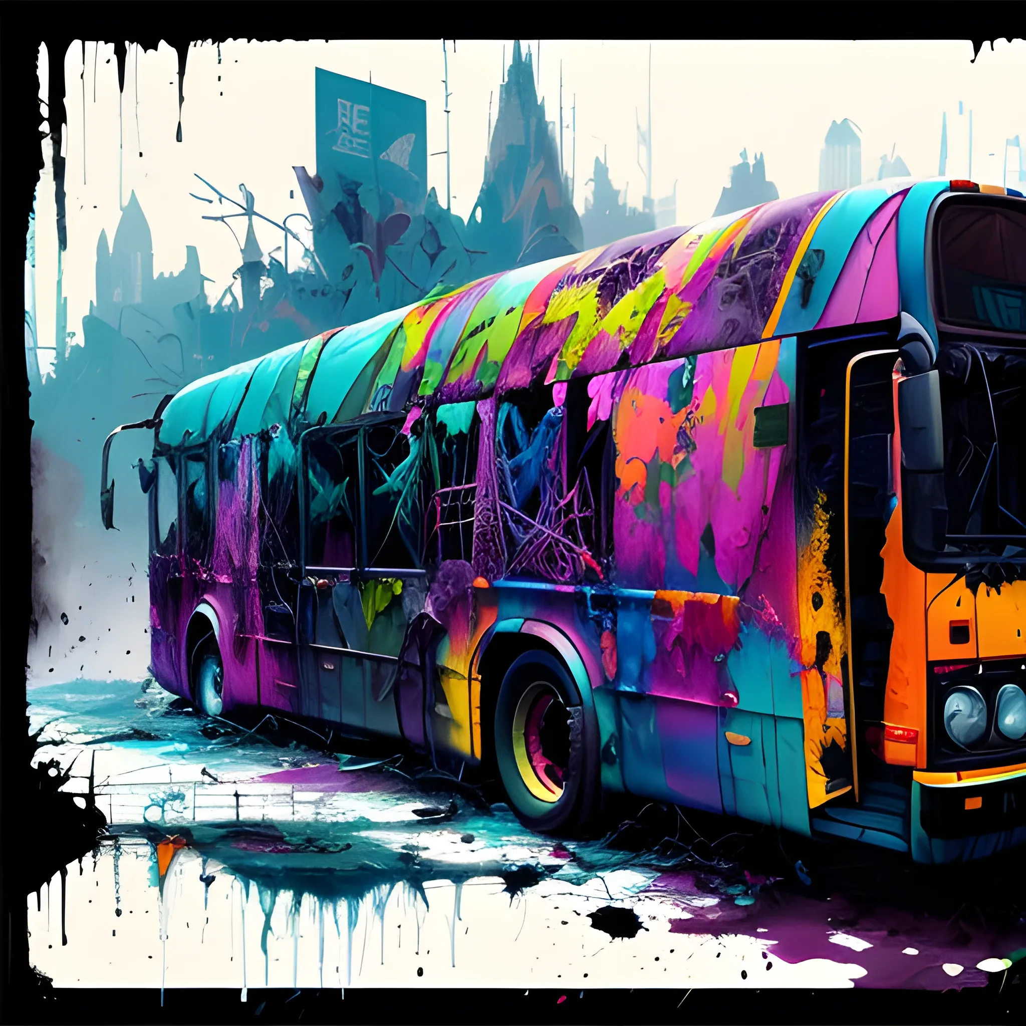 bus, going through post apocaliptic landscape, chaotic messy background, sinister by Greg Rutkowski graffiti art, splash art, street art, spray paint, oil gouache melting, acrylic, high contrast, colorful polychromatic, ultra detailed, ultra quality, CGSociety