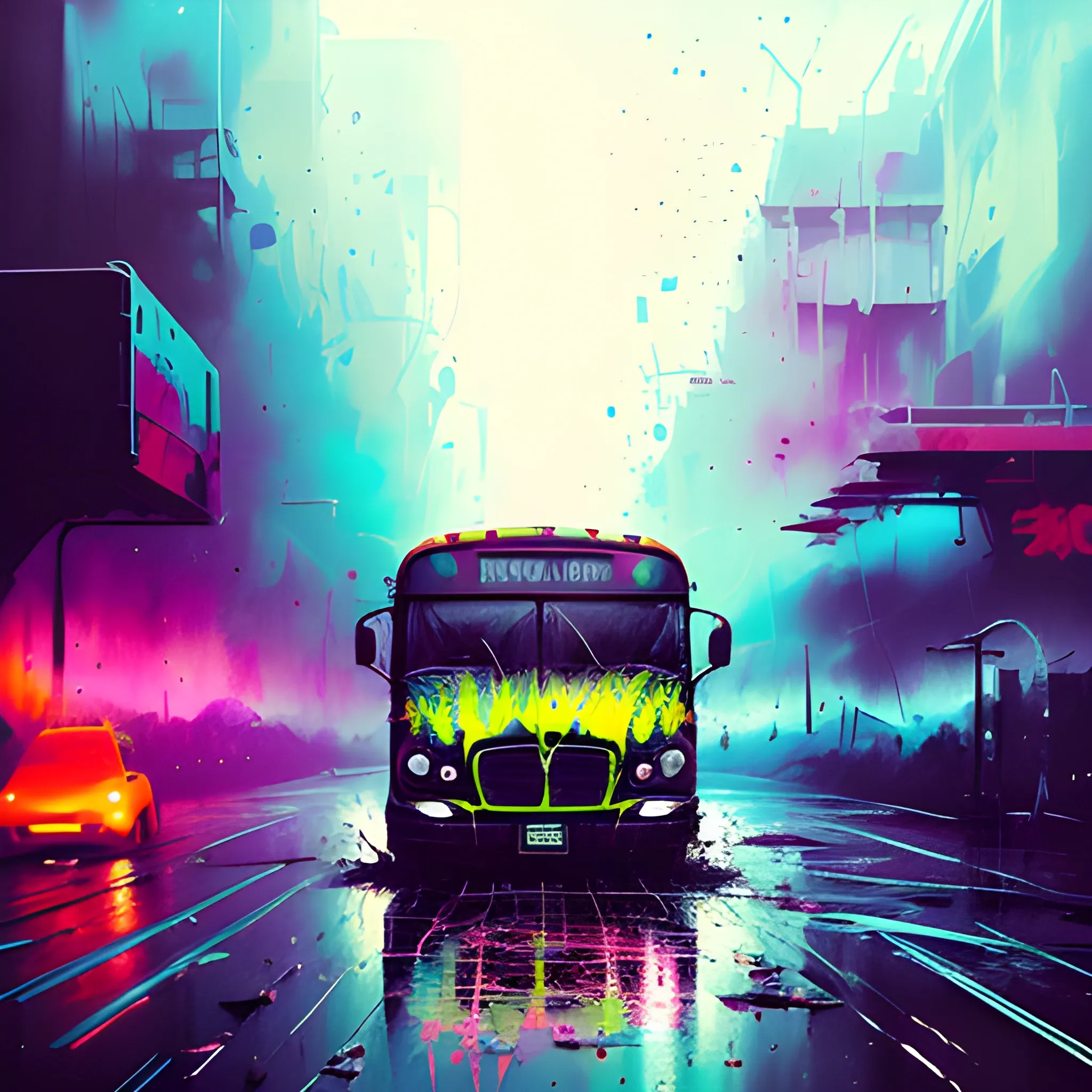 bus, going through post apocaliptic landscape, chaotic messy background, sinister by Greg Rutkowski graffiti art, splash art, street art, spray paint, oil gouache melting, acrylic, high contrast, colorful polychromatic, ultra detailed, ultra quality, CGSociety