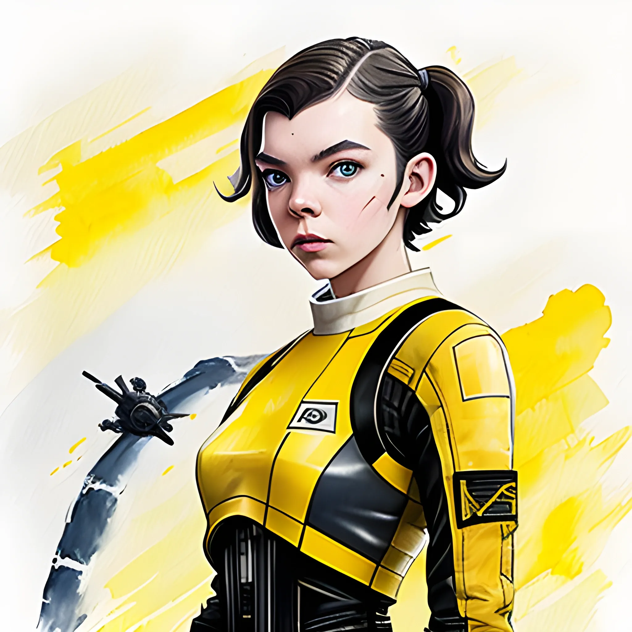 Anya Taylor-Joy, TIE fighter pilot flight suit, short hair, dark hair, athletic, yellow lightsaber, Water Color