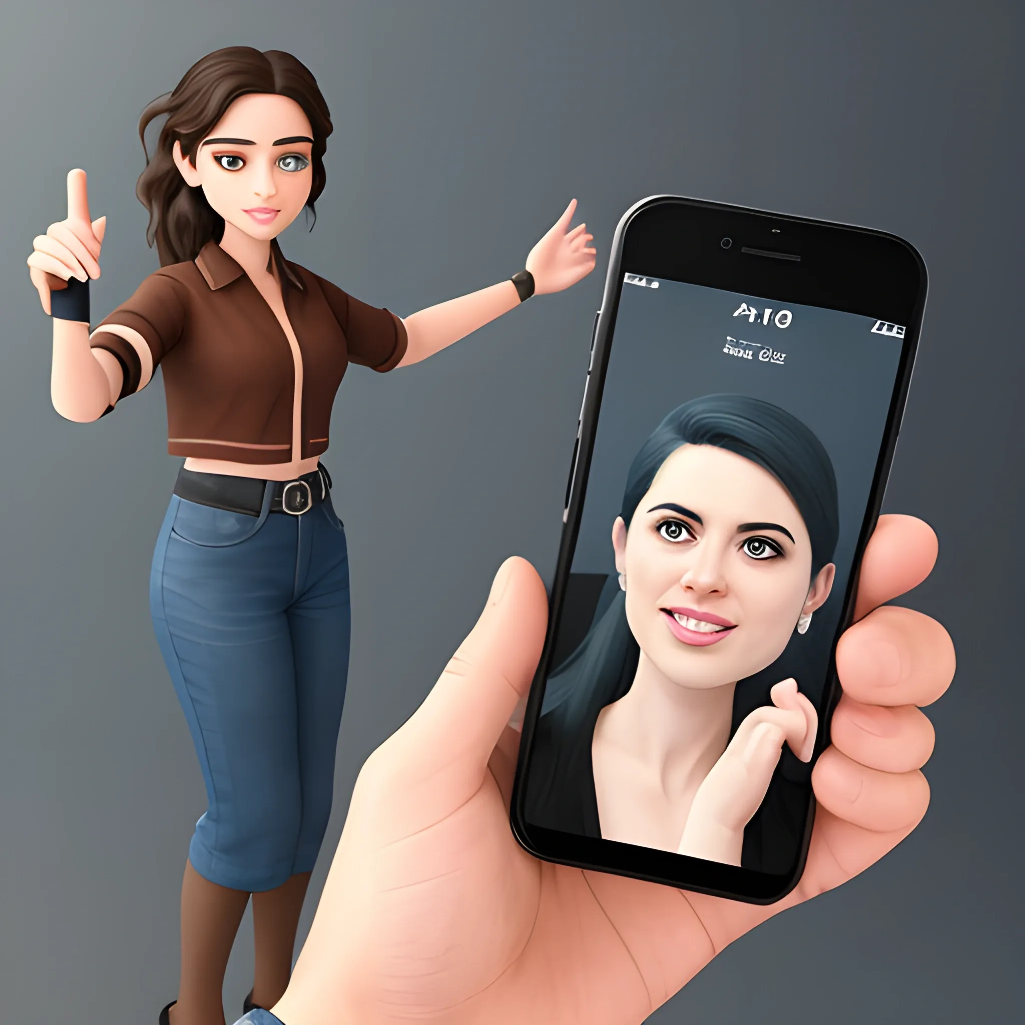 khaby lame realistic version holding a phone in one hand and the other is pointing out to the hand with the phone
