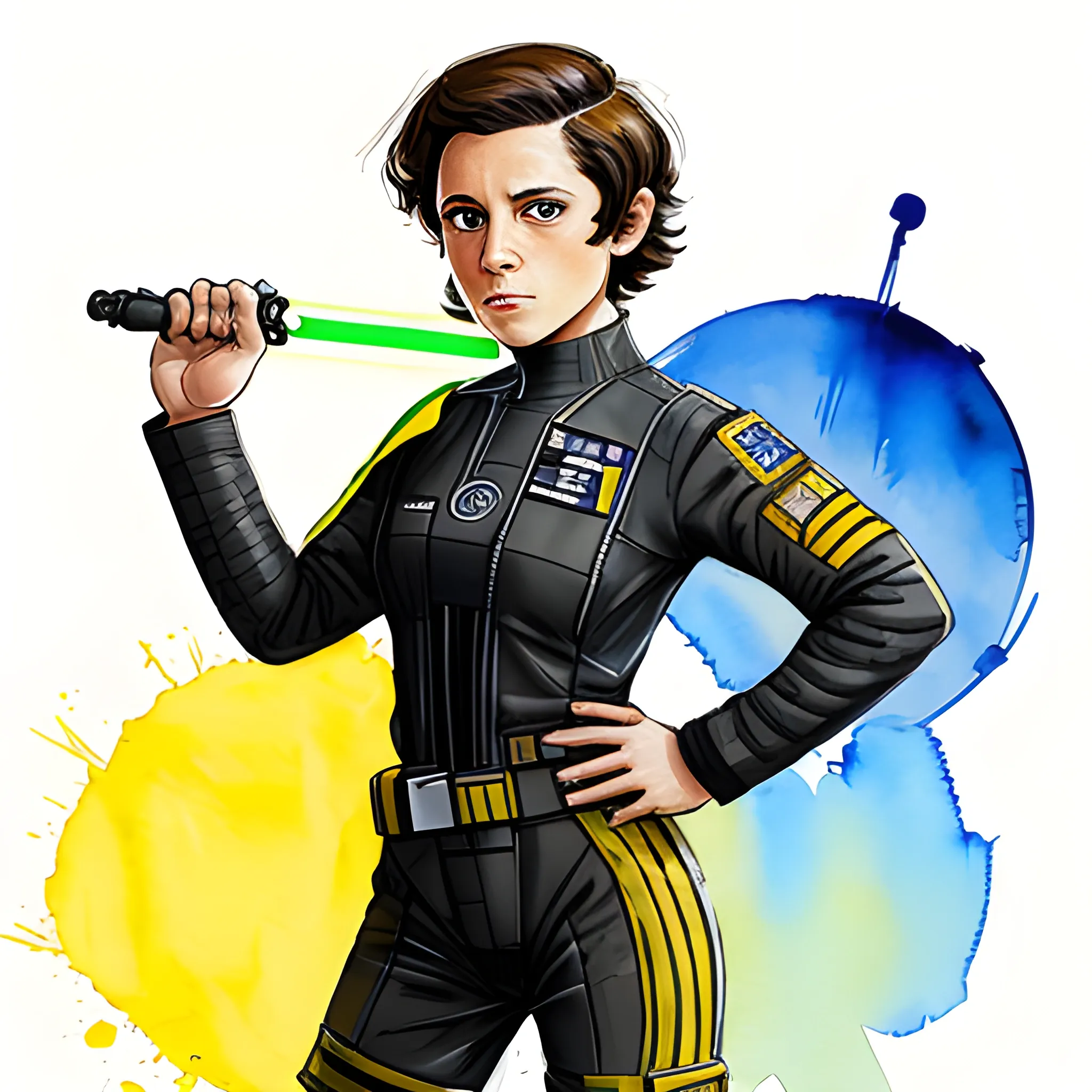 Rachel Zegler, TIE fighter pilot flight suit, short hair, dark hair, athletic, yellow lightsaber, Water Color