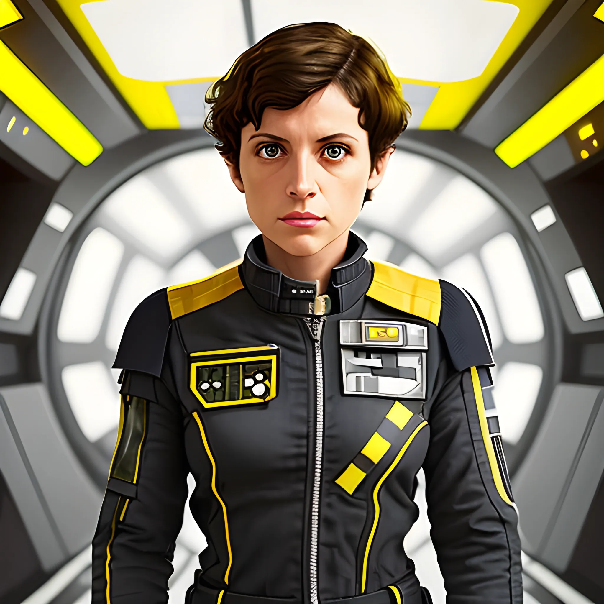 Rachel Zegler, TIE fighter pilot flight suit, short hair, dark hair, athletic, yellow lightsaber