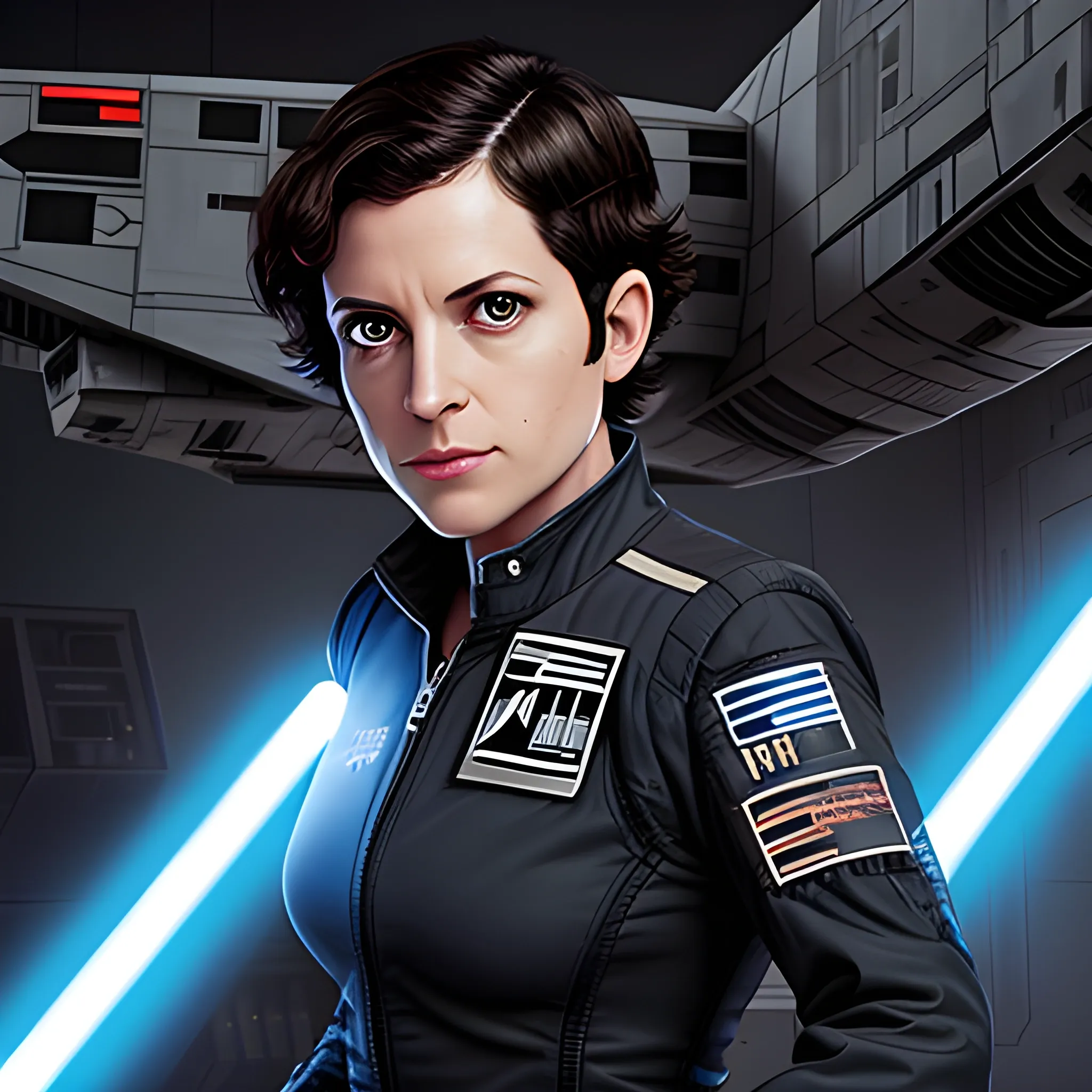 Rachel Zegler, TIE fighter pilot flight suit, short hair, dark hair, athletic, brandishing a lightsaber