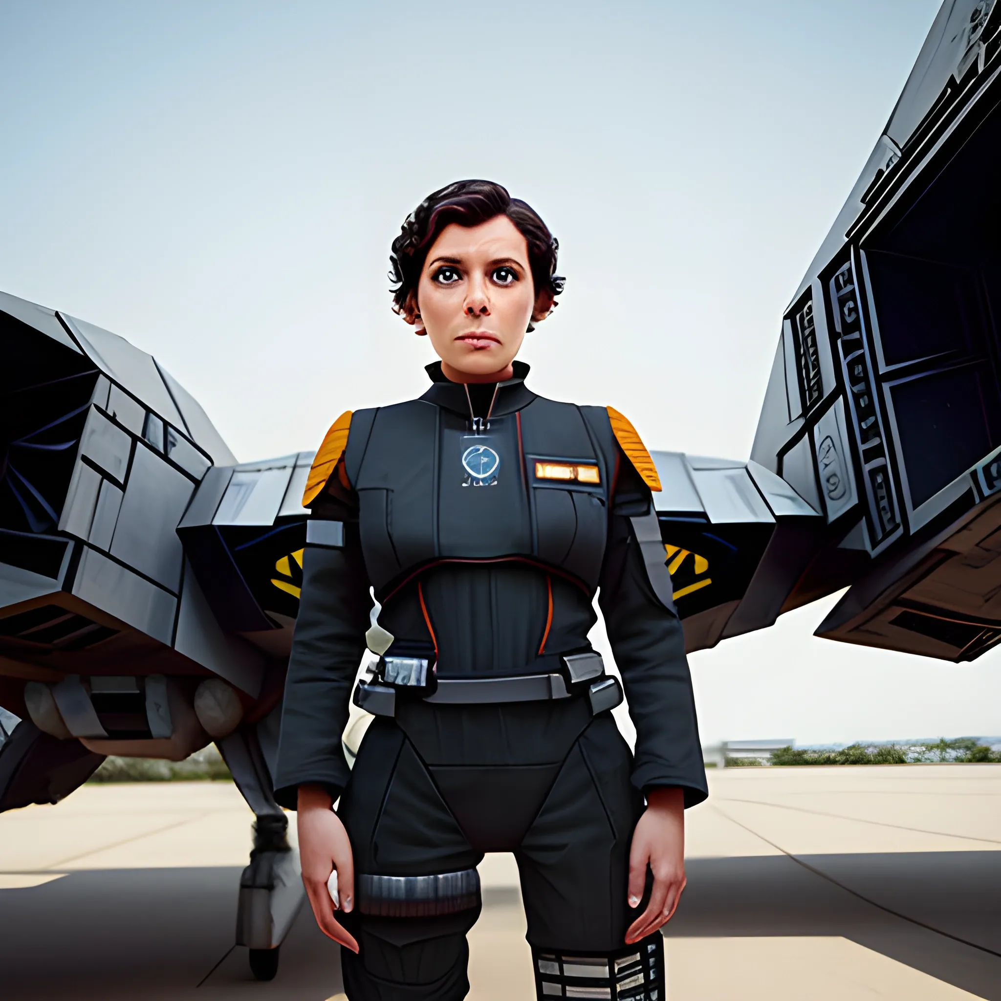 Rachel Zegler, TIE fighter pilot flight suit, short hair, dark hair, athletic, in the background there is a TIE interceptor