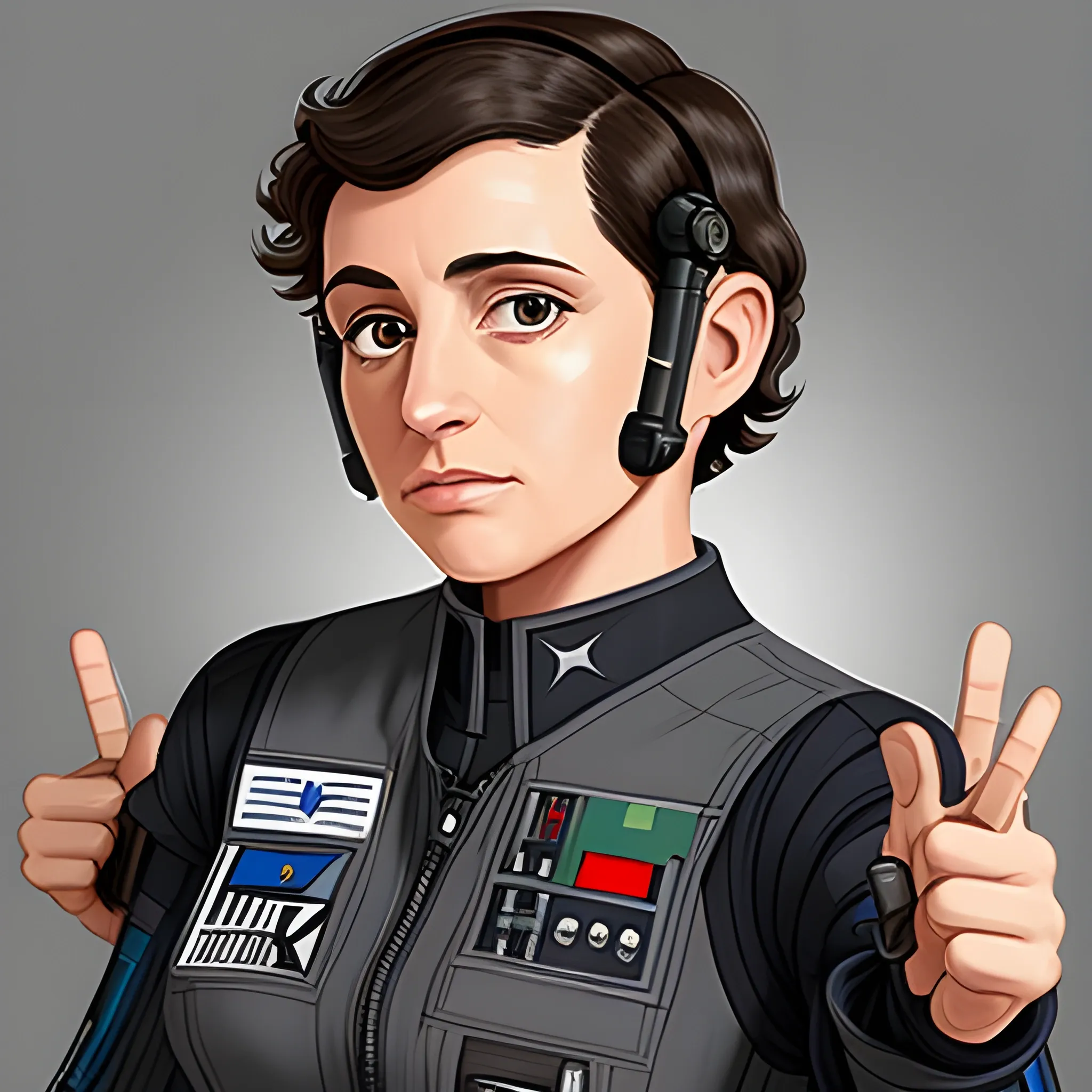 Rachel Zegler, TIE fighter pilot flight suit, short hair, dark hair, athletic, not too many fingers, exactly four fingers and one thumb per hand