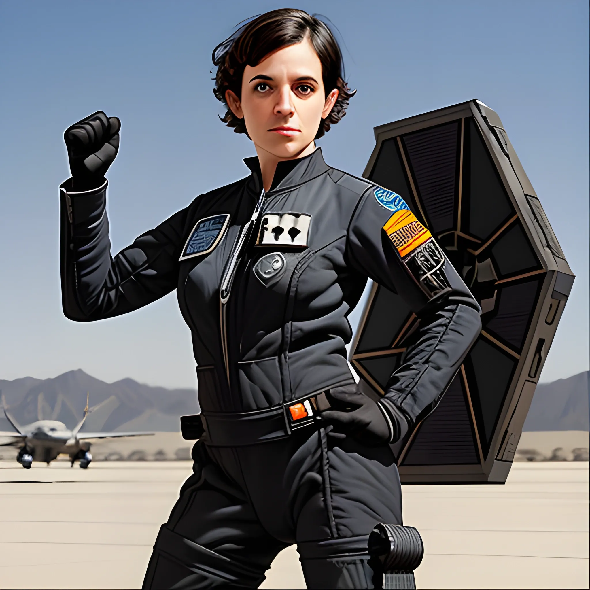 Rachel Zegler, TIE fighter pilot flight suit, short hair, dark hair, athletic