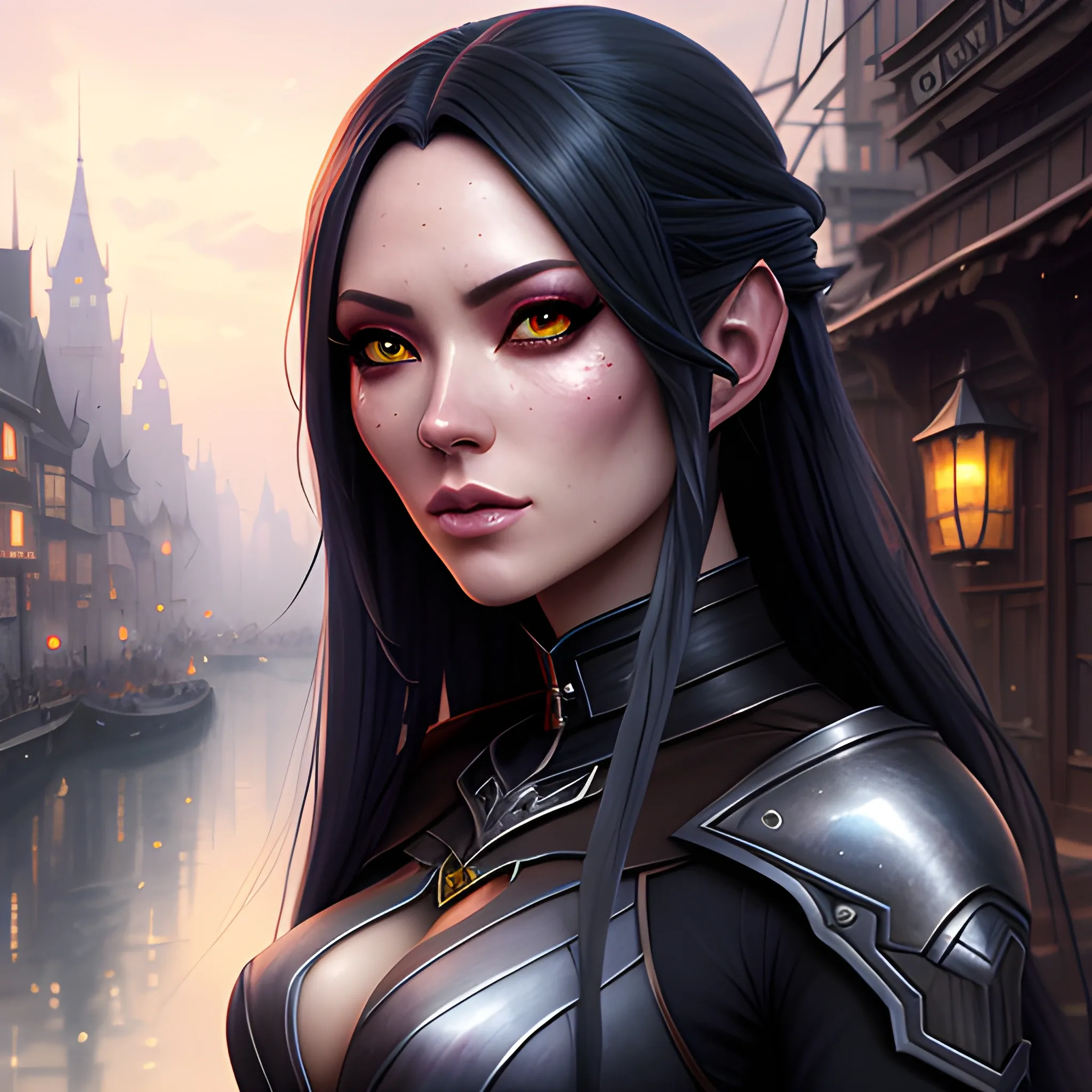 GUWEIZ, Canal, Z.W. Gu, elf girl alone in the dark city, hyper detail, portrait, art byTatianaSuarez and jasmine becket Griffith, elven rogue assassin, Jean-Baptiste Monge style, bright, beautiful in spring, splash, big perfect eyes, filigree, rim lighting, lights, magic, surreal, fantasy, digital art, wlop, artgerm and james jean, cinematic, 8k, by pascal blanche rutkowski, repin, artstation, hyperrealism painting, concept art of detailed character design, matte painting, 8k resolution, cinematic, 4k, epic, beautiful eyes, 4k resolution, beautiful, black long hair, anime style, pale skin, perfect detail