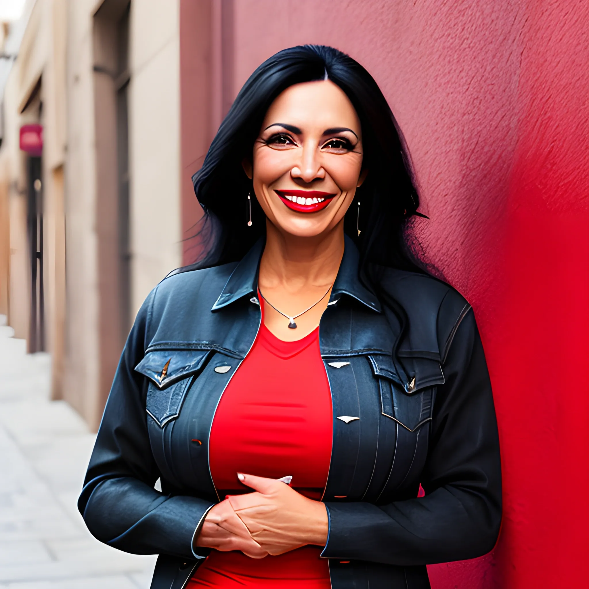 Smiling young hispanic woman, long black hair, wearing a denim j... -  Arthub.ai