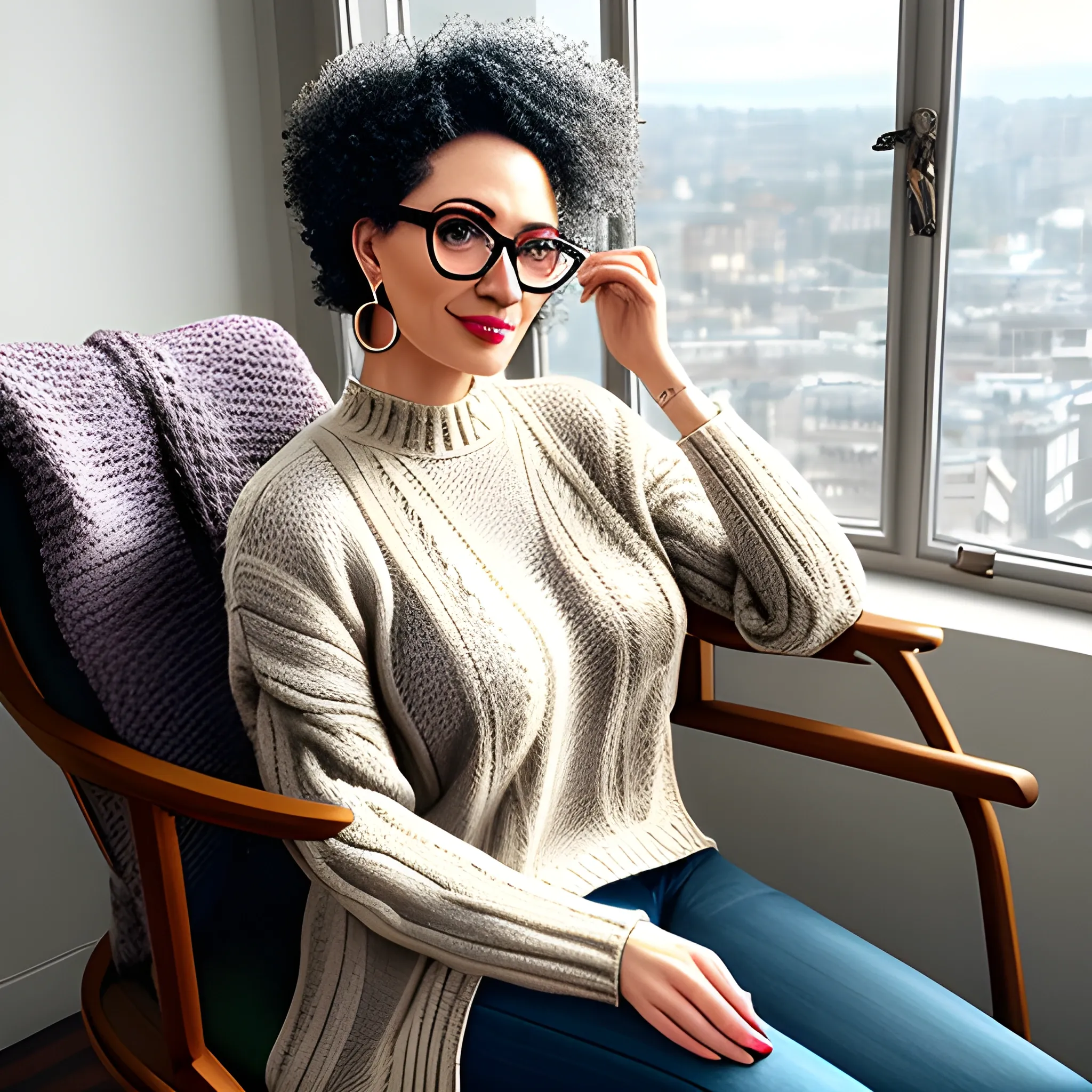 Teenage girl, short curly gray hair, glasses, pearl earrings, cable knit sweater, sitting on chair knitting, afternoon window light, photorealistic