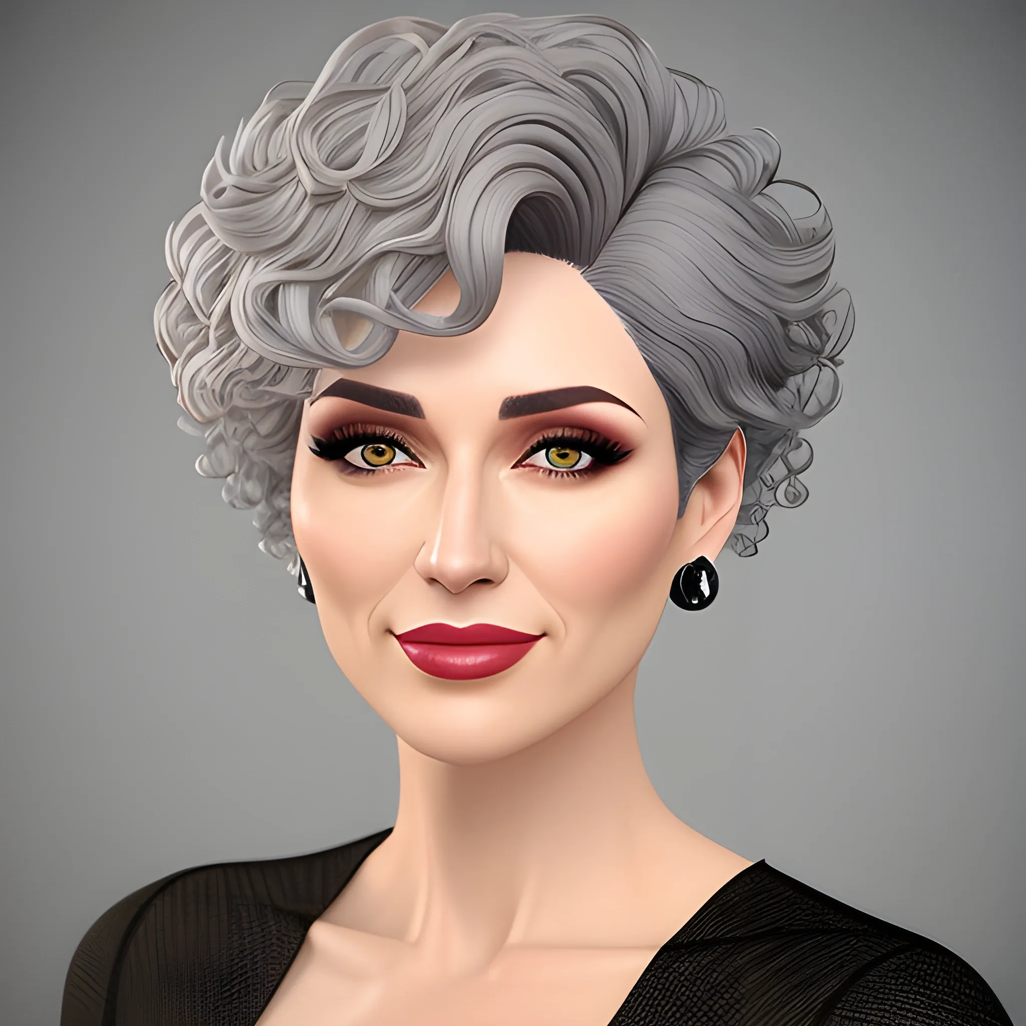 Teenage girl, short curly gray hair, photorealistic