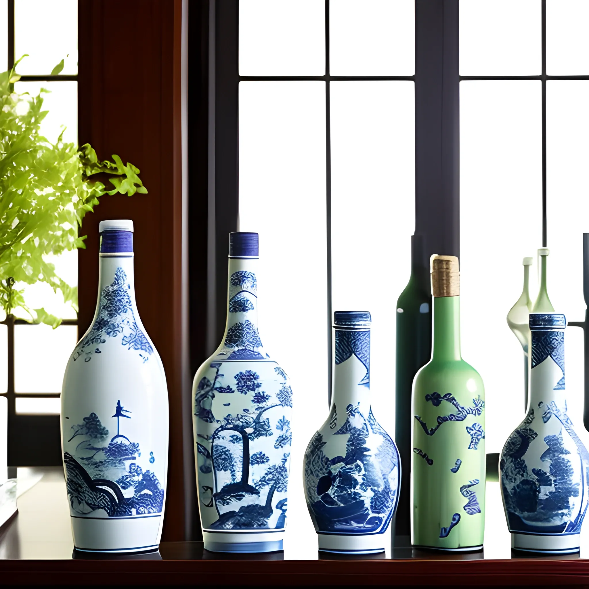 chinoiserie wine bottles in blues, whites and greens