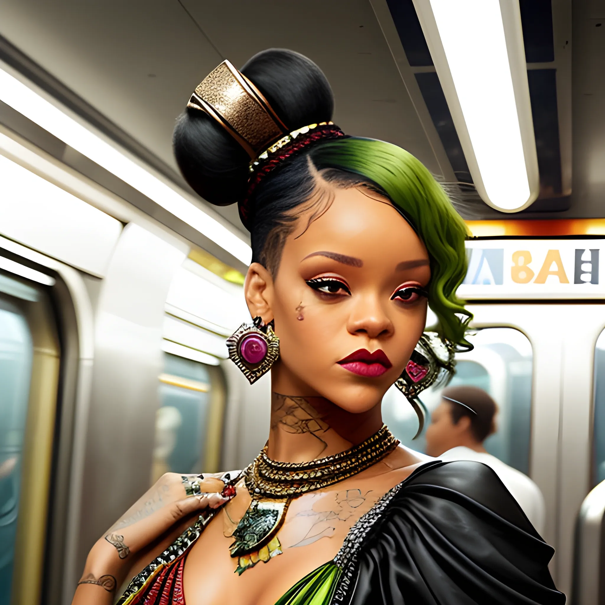 Rihanna on escalator in NYC subway with subway tile on both sides. She is wearing extravagant bohemian inspired outfit . Luxurious make up. She is wearing two black buns in hair. nose piercing. Designer triangular bag. Head tilted to the side. full top lips smaller bottom lip red cupids bow dark hazel and green eyes