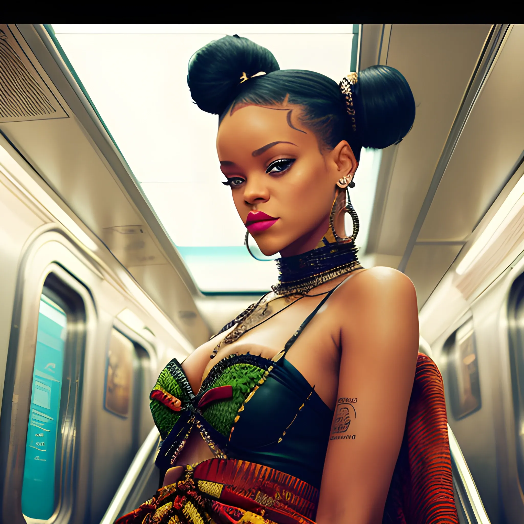 Cinematic picture of 
Rihanna on escalator in NYC subway with subway tile on both sides. She is wearing extravagant bohemian inspired outfit . Luxurious make up. She is wearing two black buns in hair. nose piercing. Designer triangular bag. Head tilted to the side. full top lips smaller bottom lip red cupids bow dark hazel and green eyes