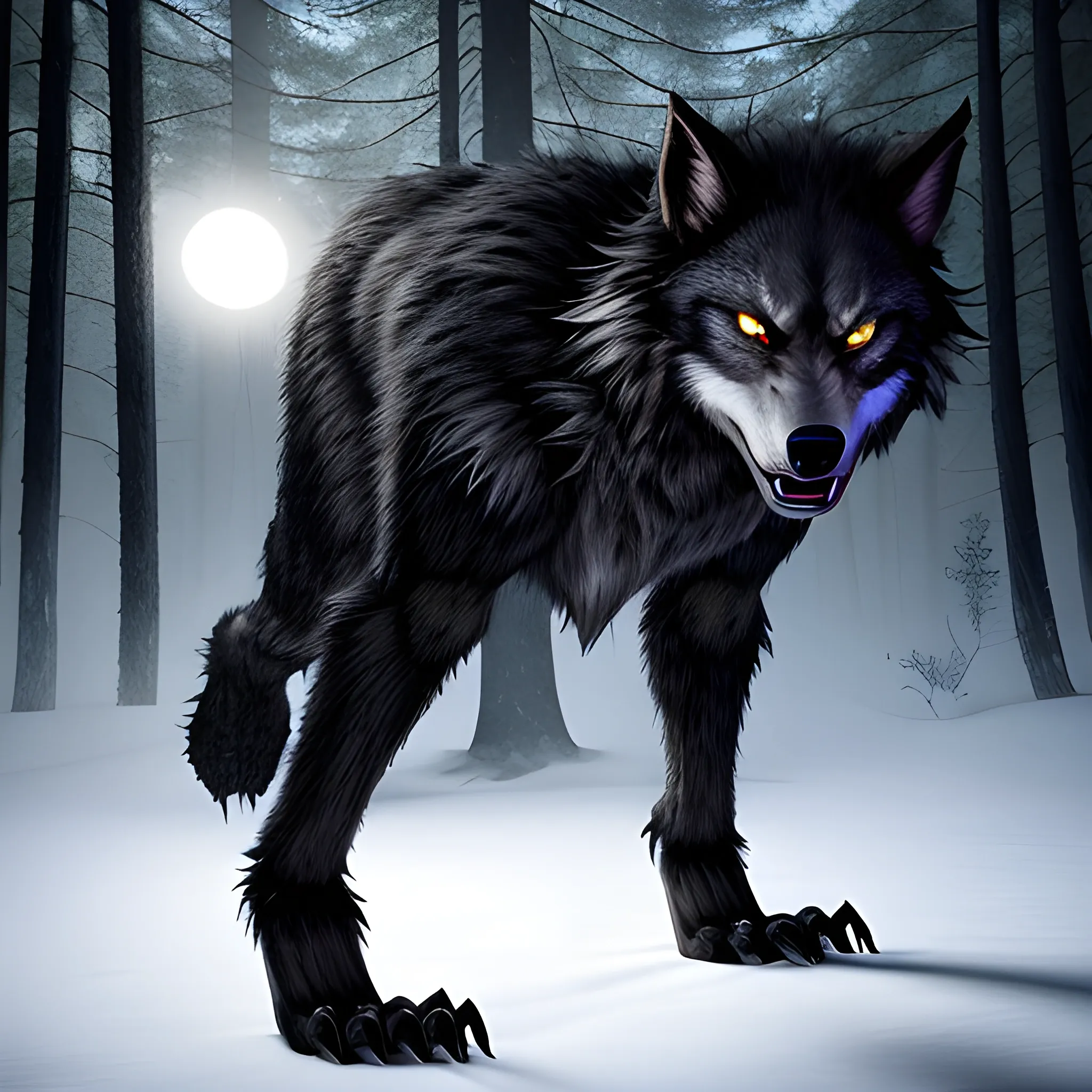 Werewolf 7 ft tall , photorealistic photo, black fur, glowing e ...