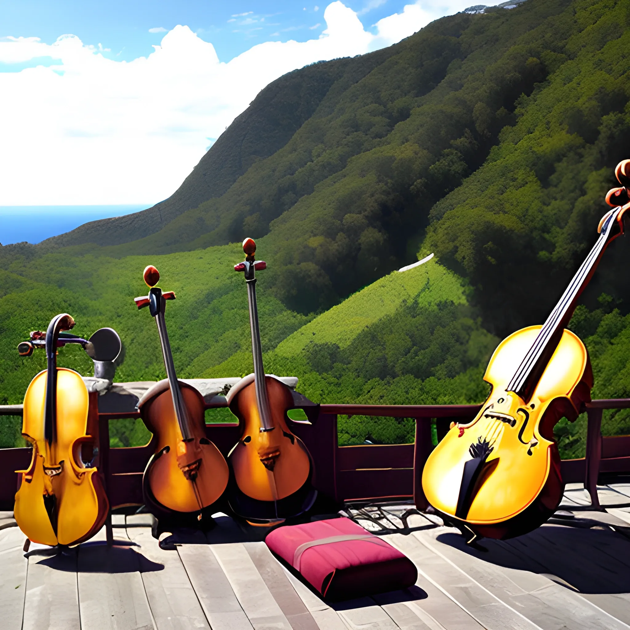 Instrumentos sinfonicos en medio de un paisaje apocaliptico
