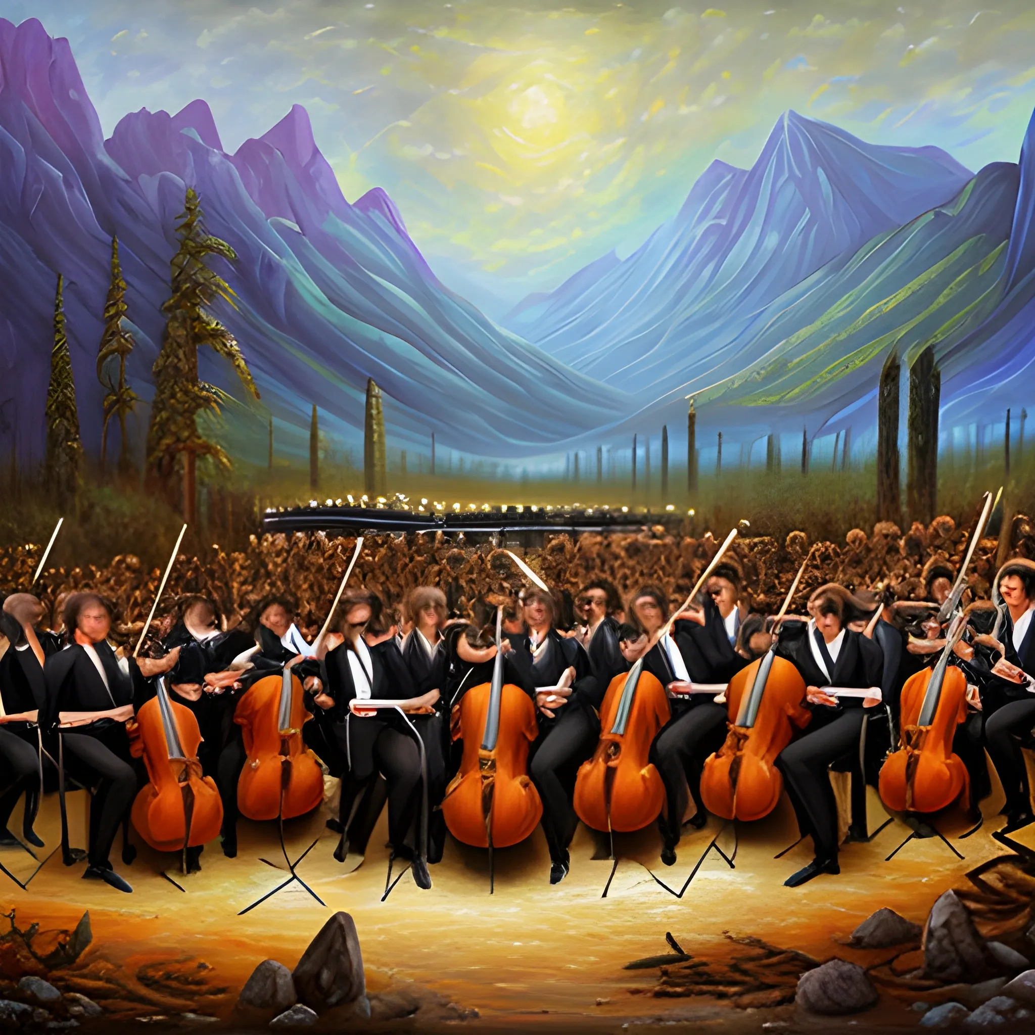 orquesta sinfonica en medio de un paisaje apocaliptico devastacion

, Oil Painting