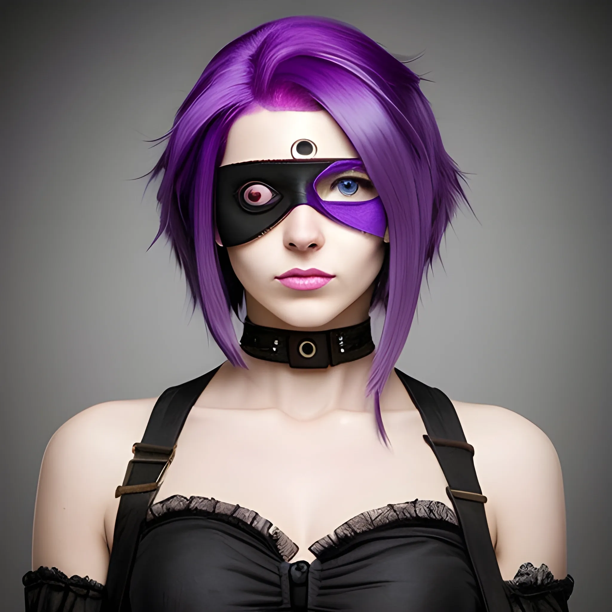 Woman wearing eye patch, beautiful purple hair