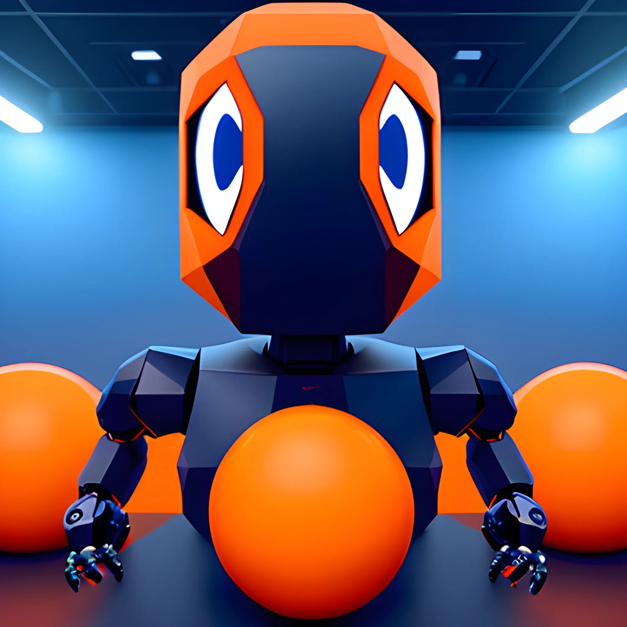 in a low poly virtual world, with orange spheres in the background, in the foreground a small welcoming robot, aligned to the right of the image, taking up only a third of the image, with blue monitor lighting.