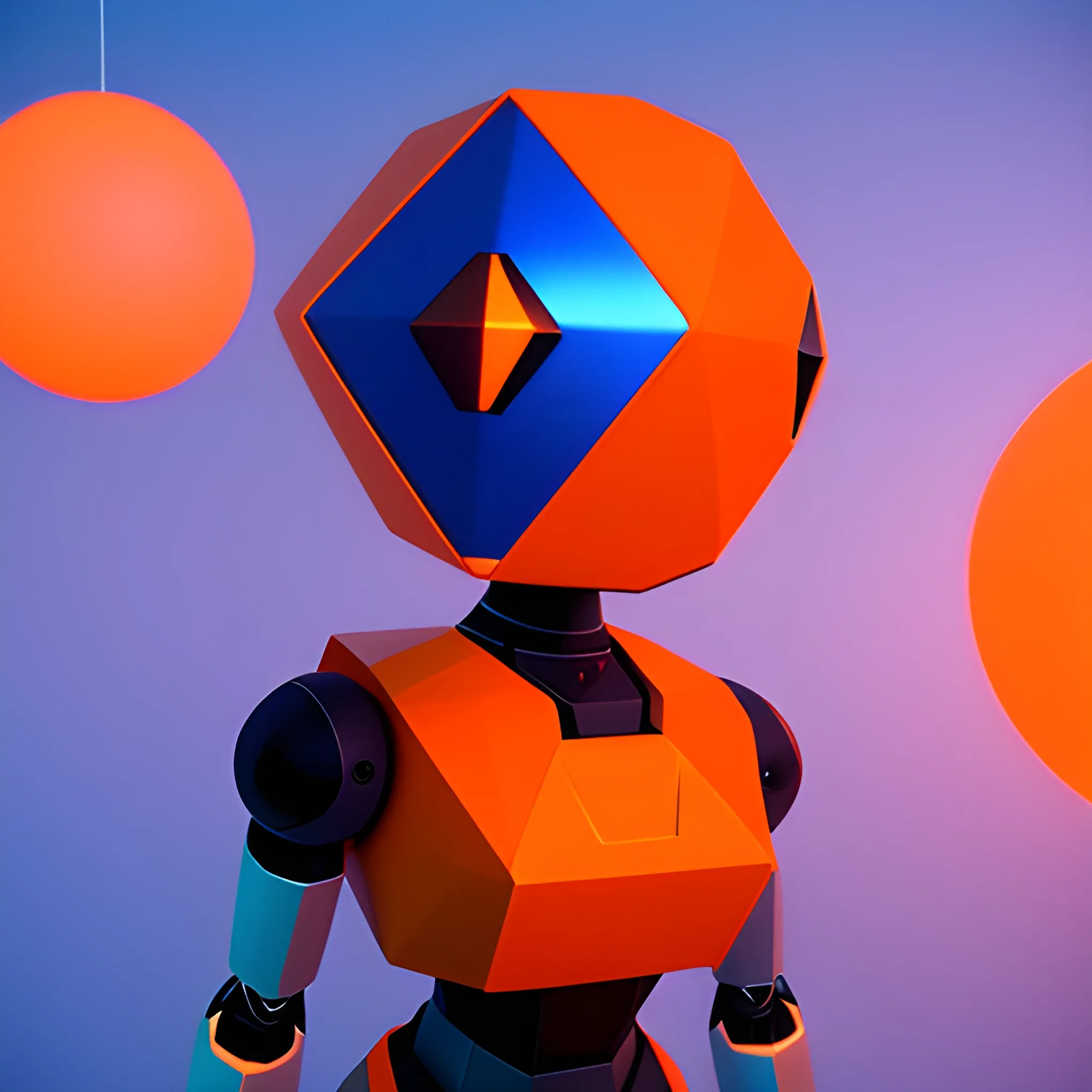 in a low poly virtual world, with orange spheres in the background, in the foreground a small welcoming robot, aligned to the right of the image, taking up only a third of the image, with blue monitor lighting.