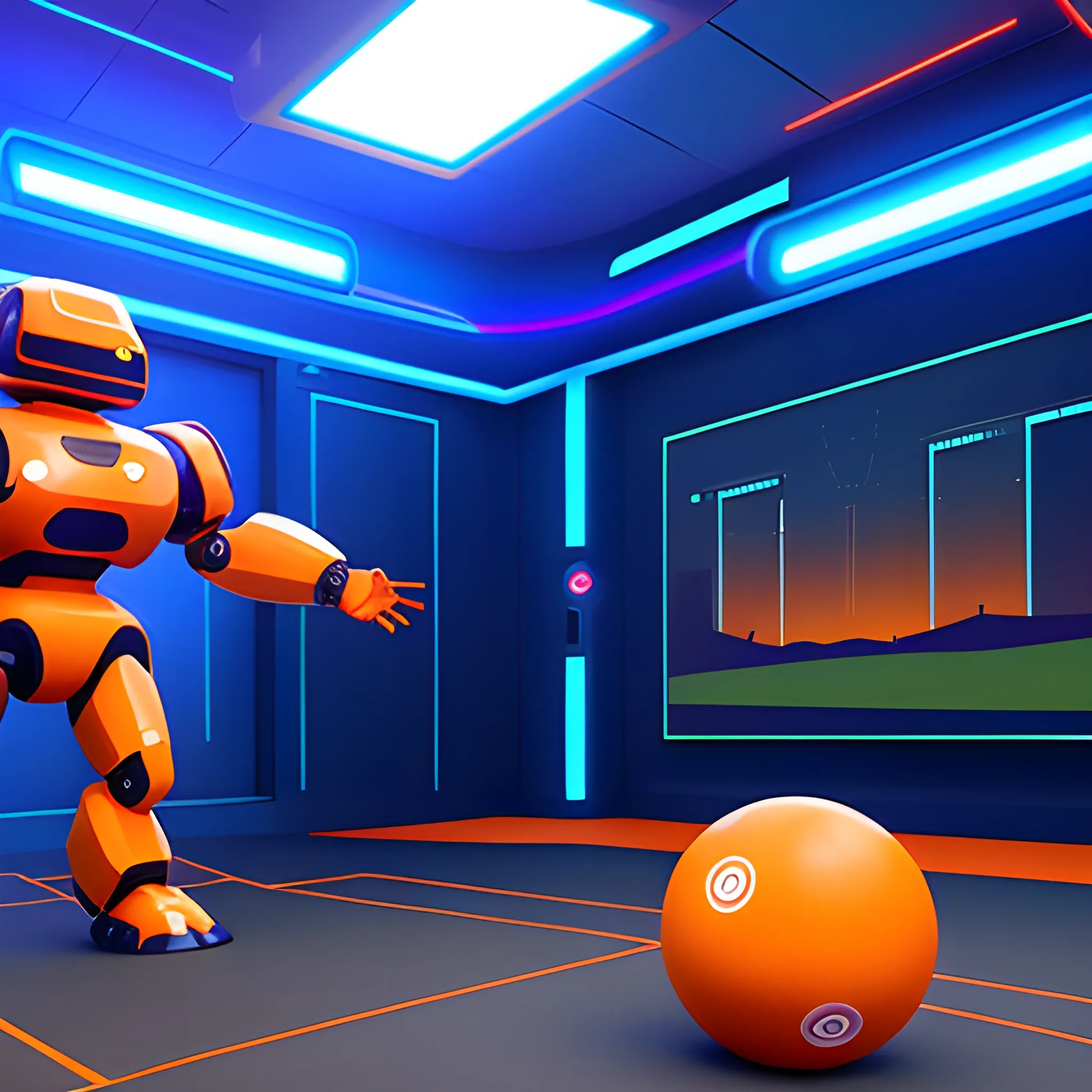in a low poly virtual world, with orange spheres in the background, in the foreground a small welcoming robot, aligned to the right of the image, taking up only a third of the image, with blue monitor lighting., Cartoon