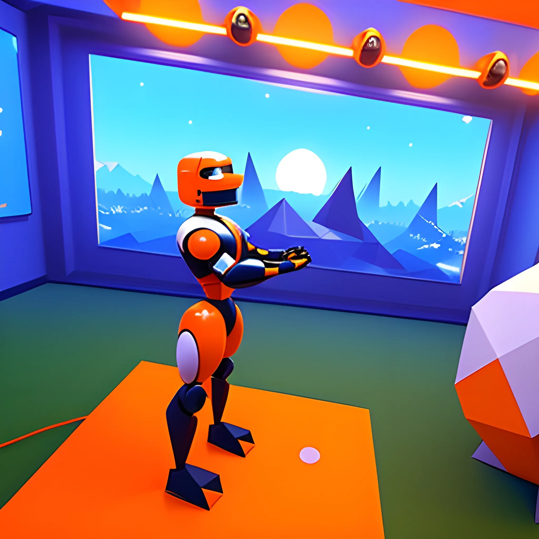 in a low poly virtual world, with orange spheres in the background, in the foreground a small welcoming robot, aligned to the right of the image, taking up only a third of the image, with blue monitor lighting., Cartoon