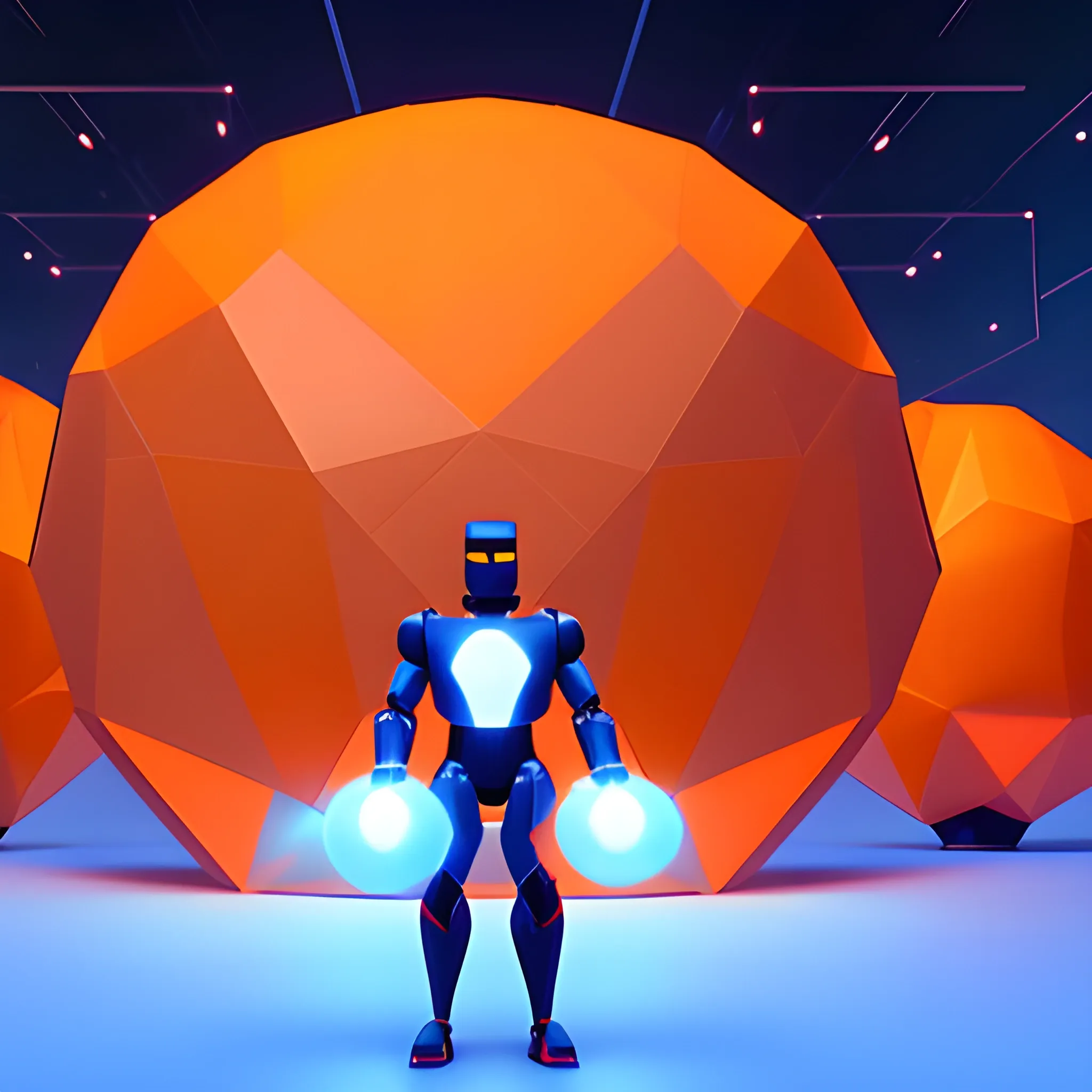 in a low poly virtual world, with orange spheres in the background, in the foreground a small welcoming robot, aligned to the right of the image, taking up only a third of the image, with blue monitor lighting., Cartoon