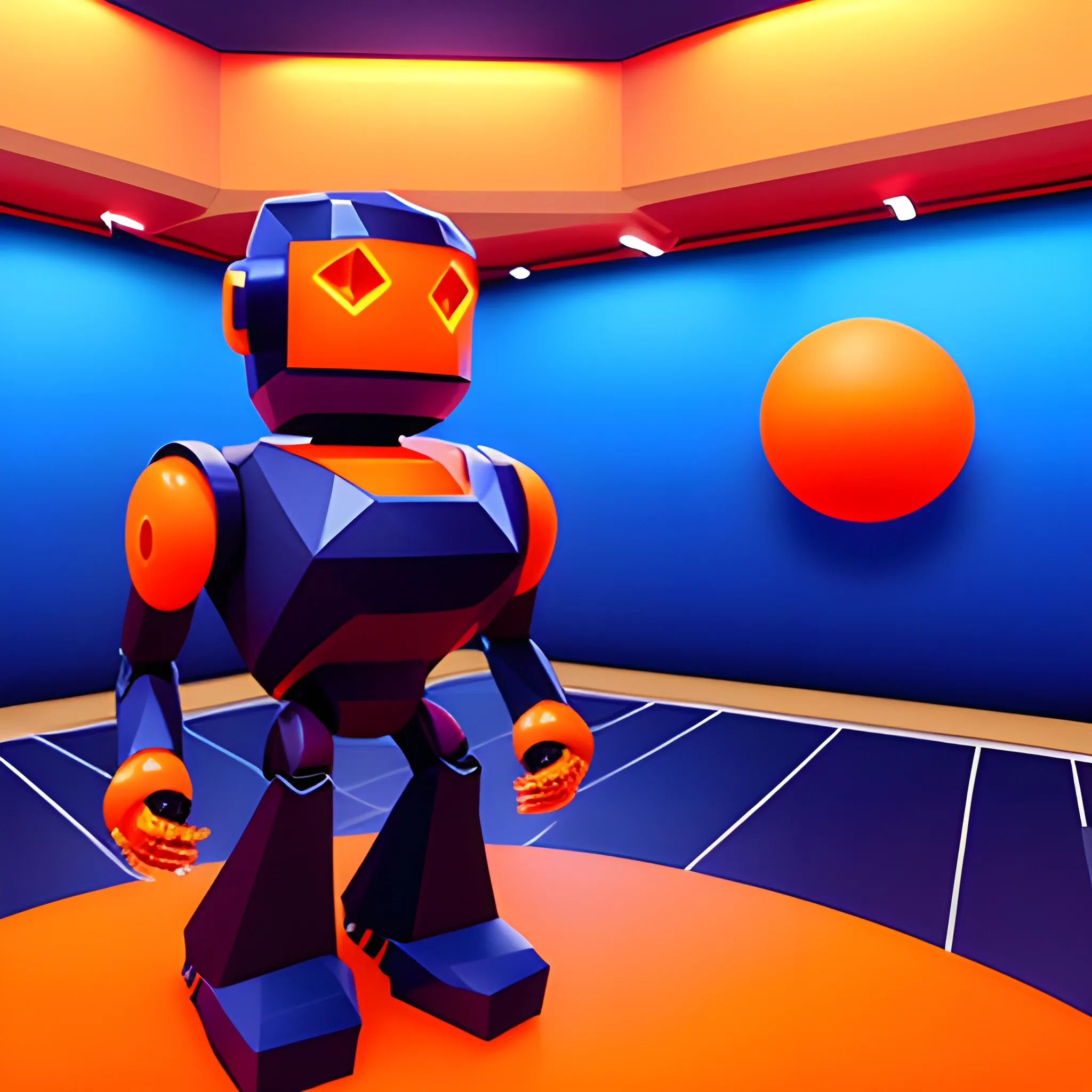 in a low poly virtual world, with orange spheres in the background, in the foreground a small welcoming robot, aligned to the right of the image, taking up only a third of the image, with blue monitor lighting., Cartoon