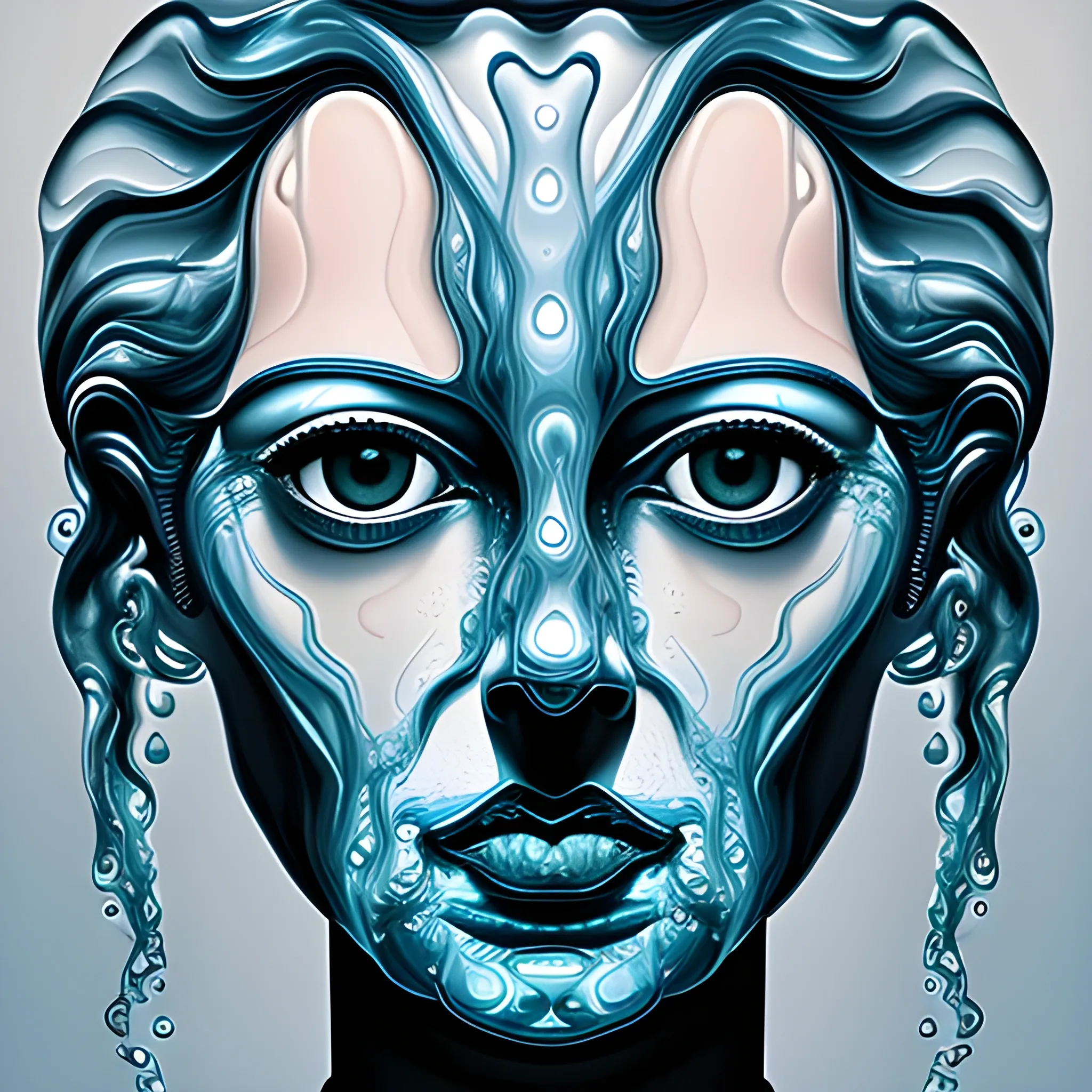 Female portrait made of fluid glass, work of a surrealist master