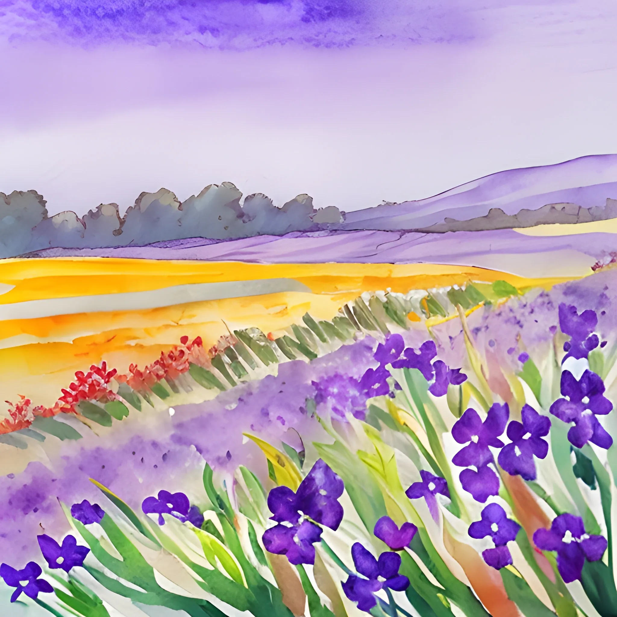 violet flowers in autumn field, fine sea breeze, water color