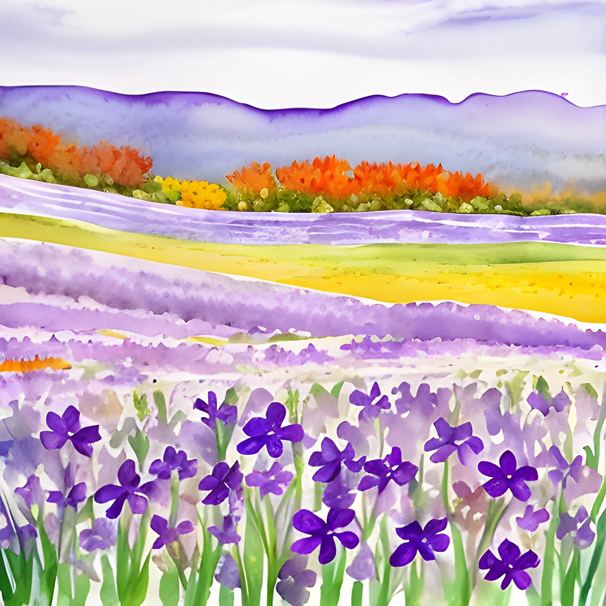 violet flowers in autumn field, fine sea breeze, water color