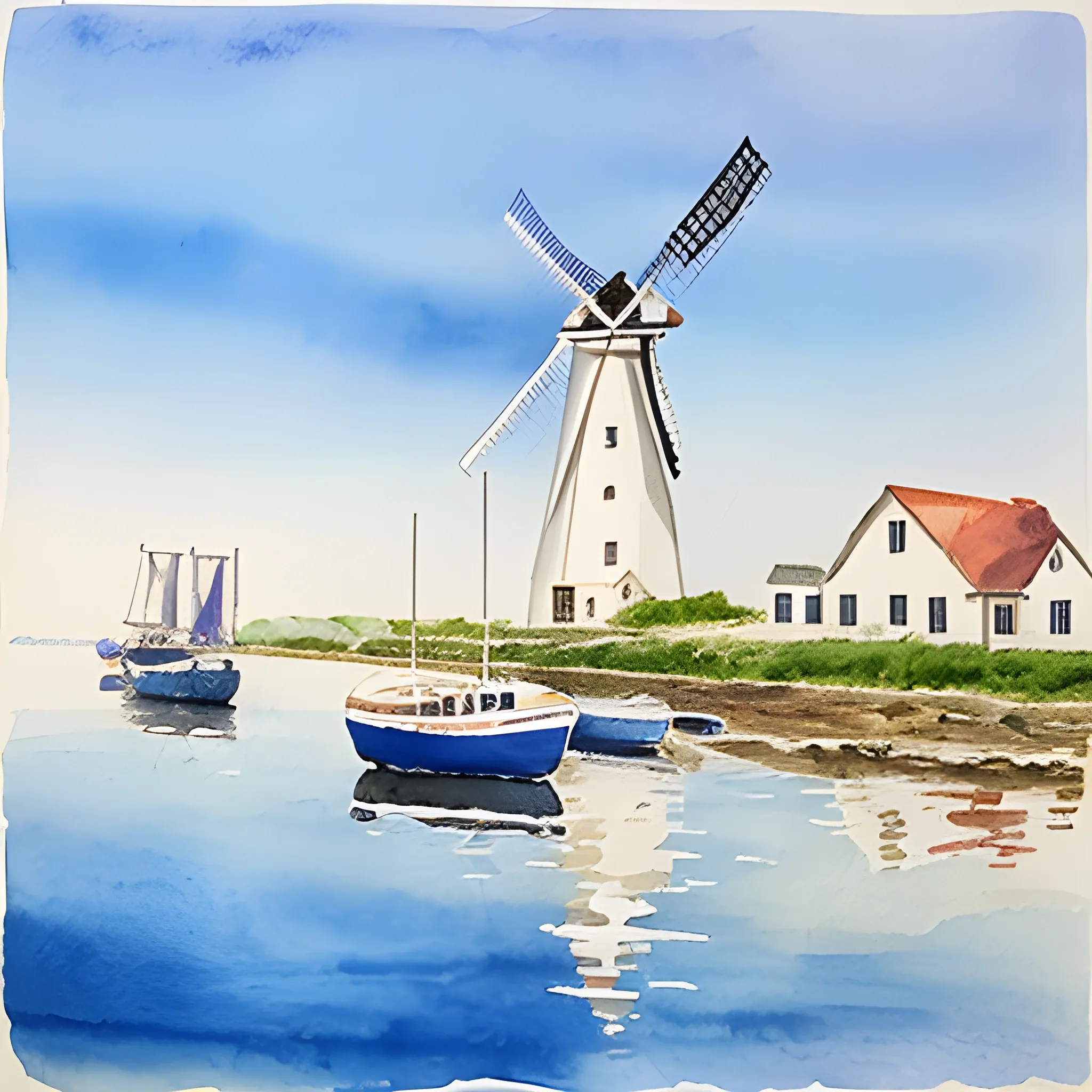 fishing boats in the distance, windmill, marina
, water color