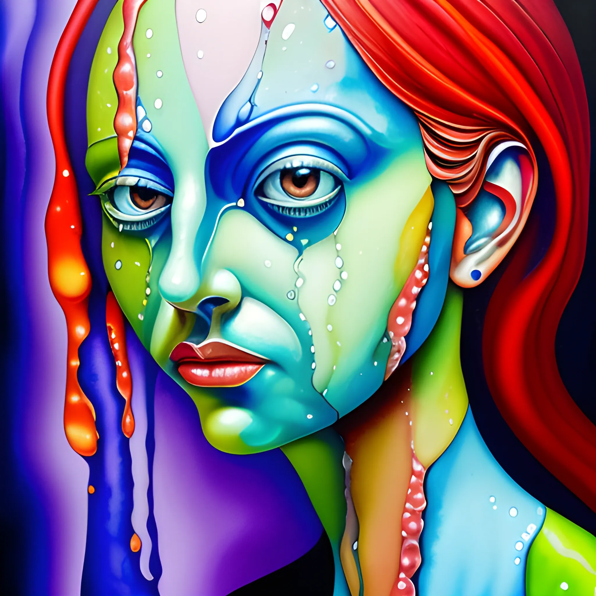 Female portrait made of fluid glass, work of a surrealist master, Oil Painting, Water Color, Trippy
